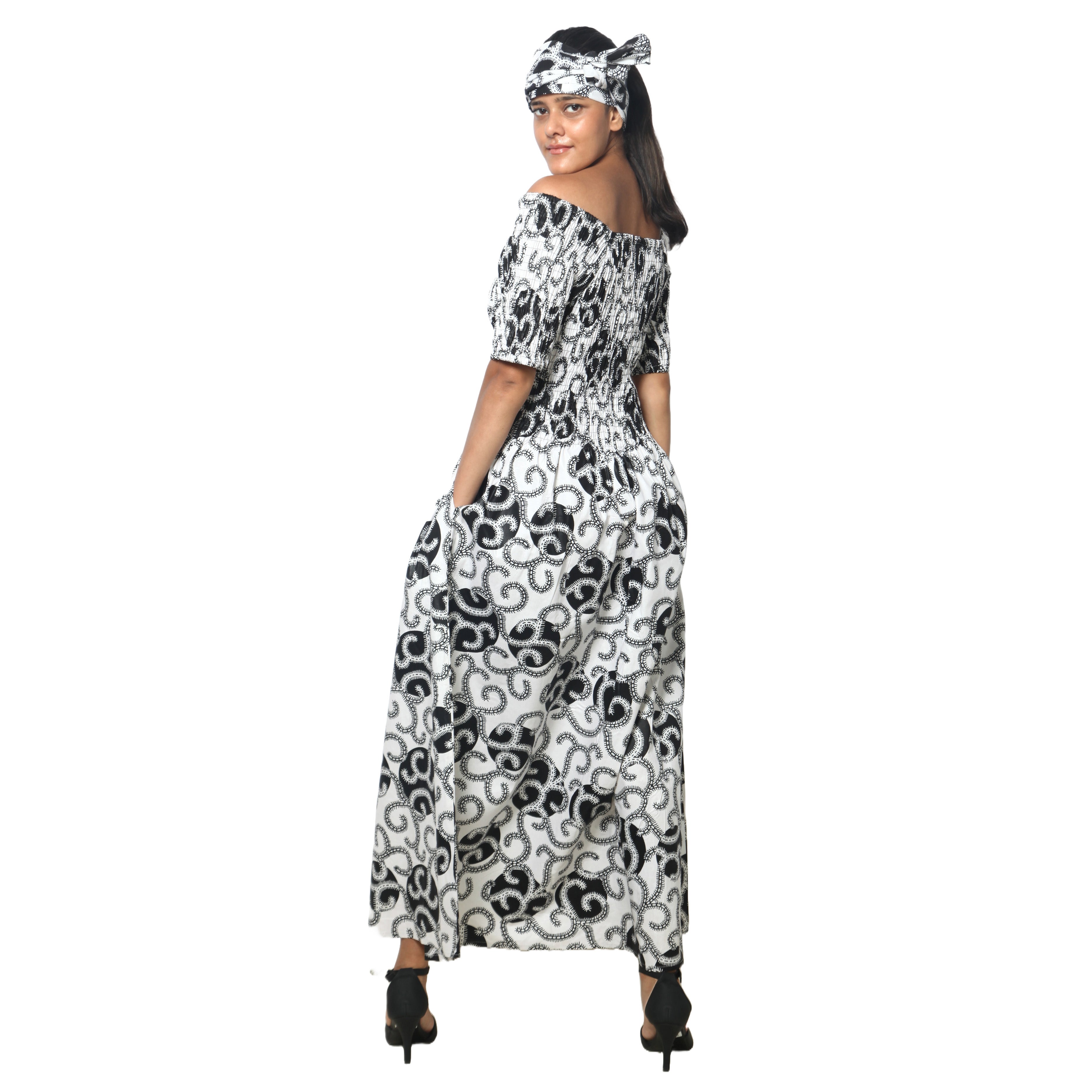 Women's Printed Smocking Short Sleeve Maxi Dress - FI-50071