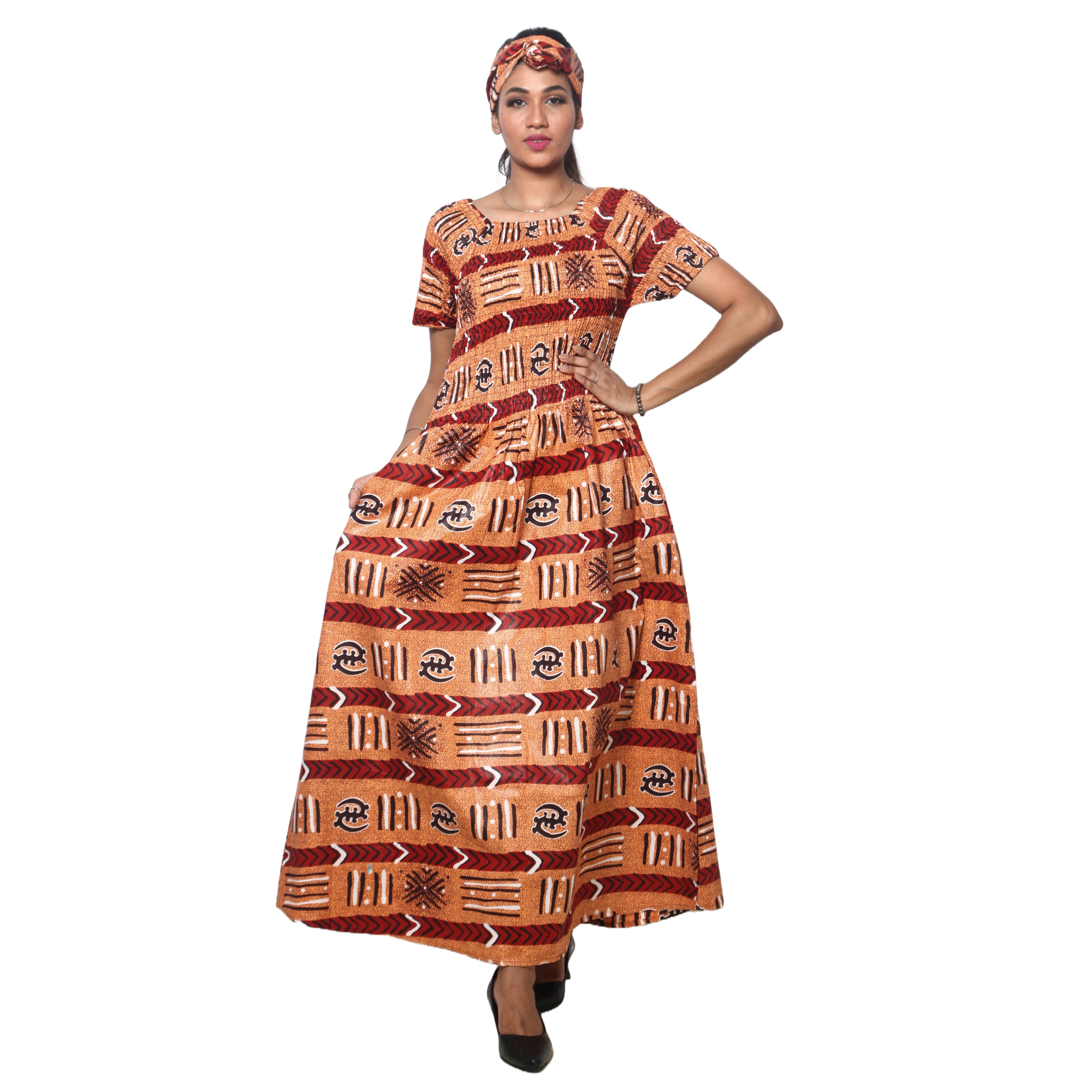 Women's Printed Smocking Short Sleeve Maxi Dress - FI-50071