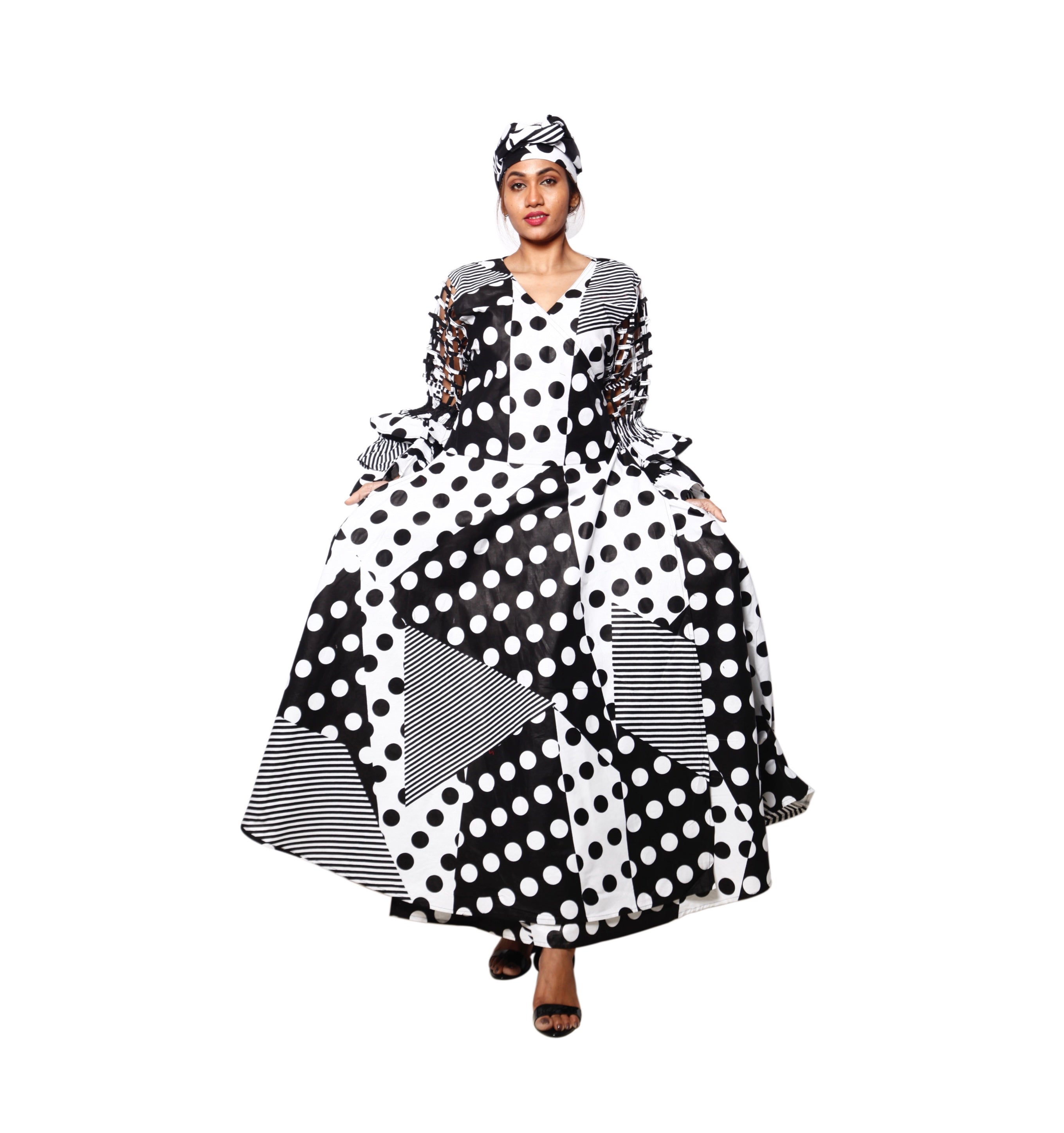 Women's Cage Sleeve Maxi Wrap Dress black and white contrast