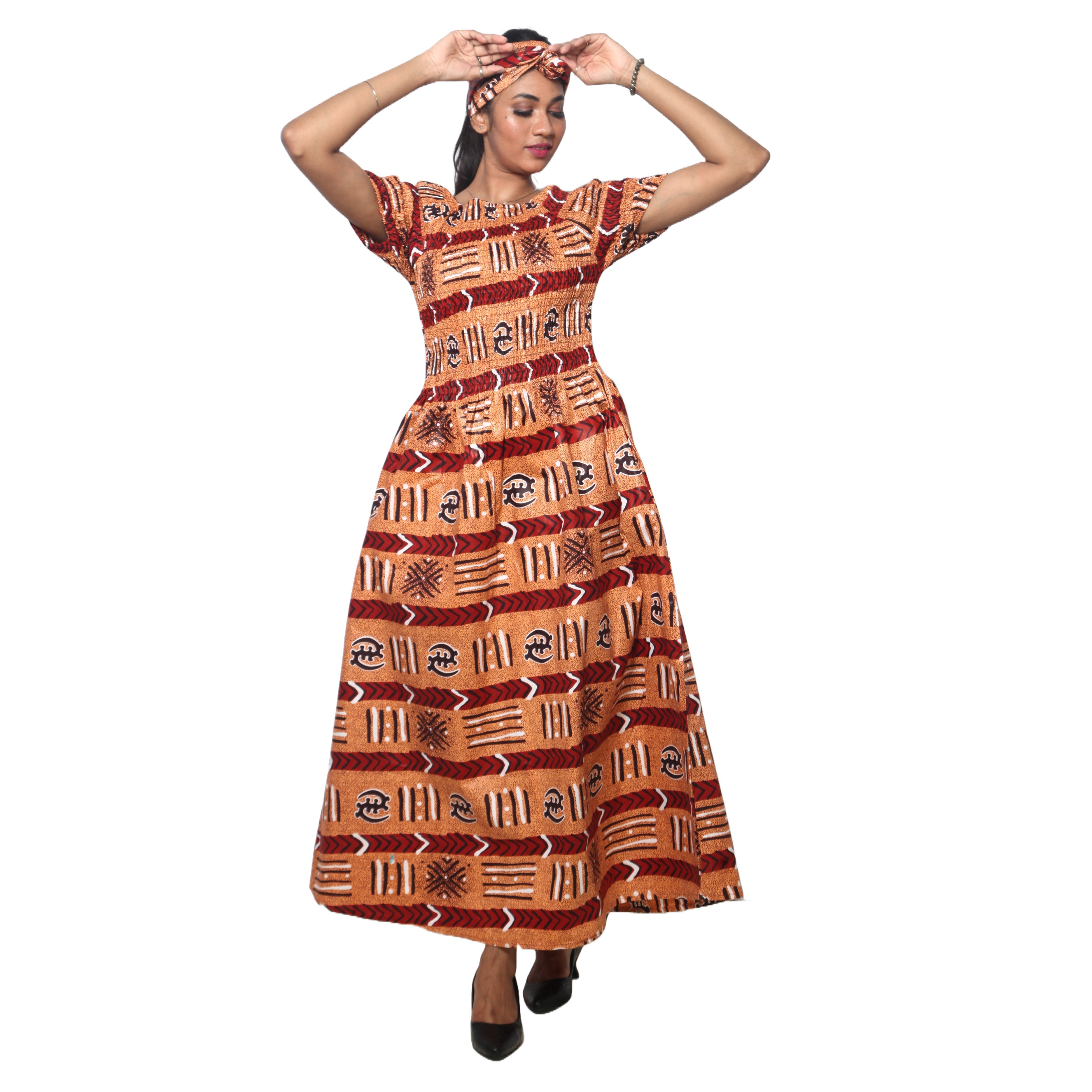 Women's Printed Smocking Short Sleeve Maxi Dress - FI-50071