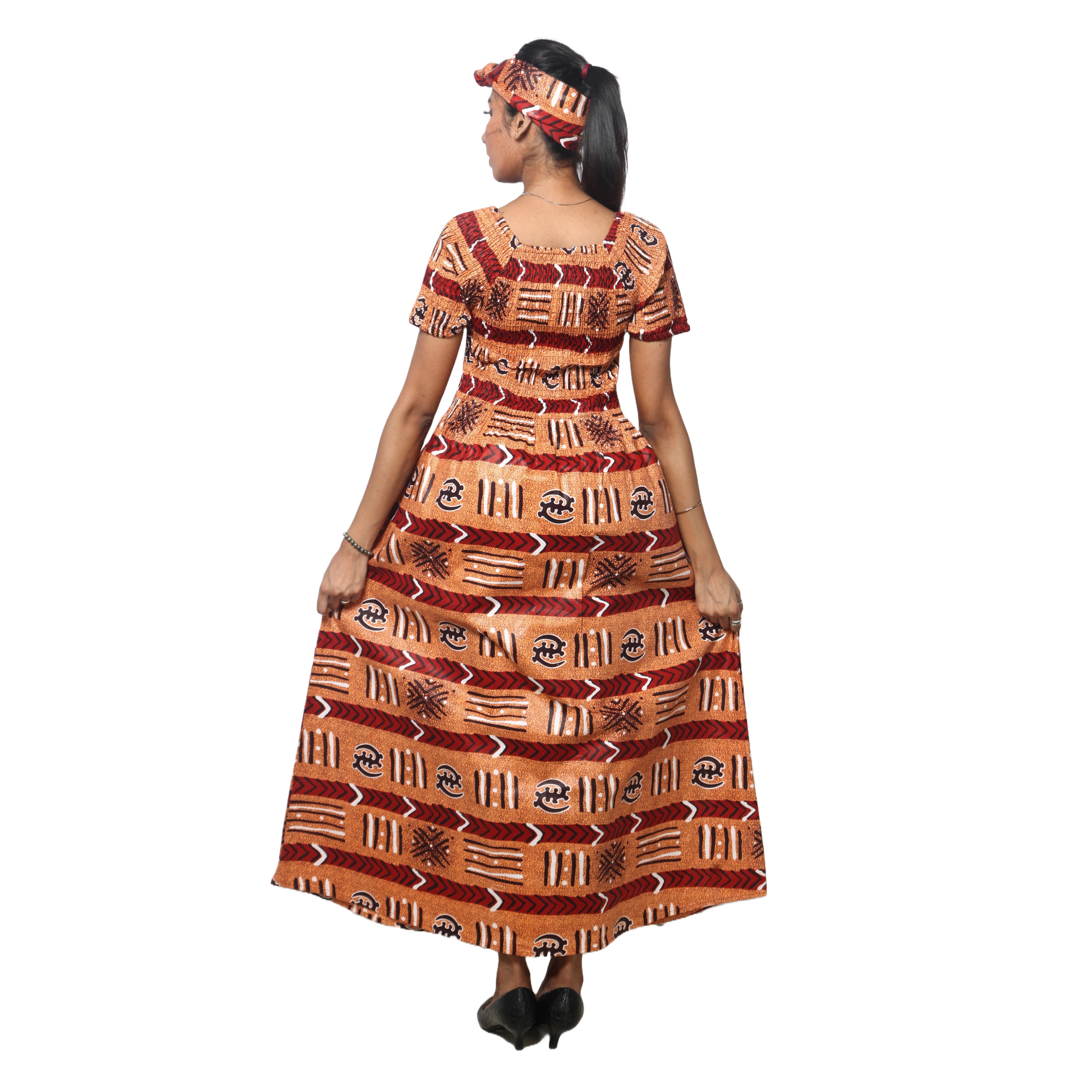 Women's Printed Smocking Short Sleeve Maxi Dress - FI-50071