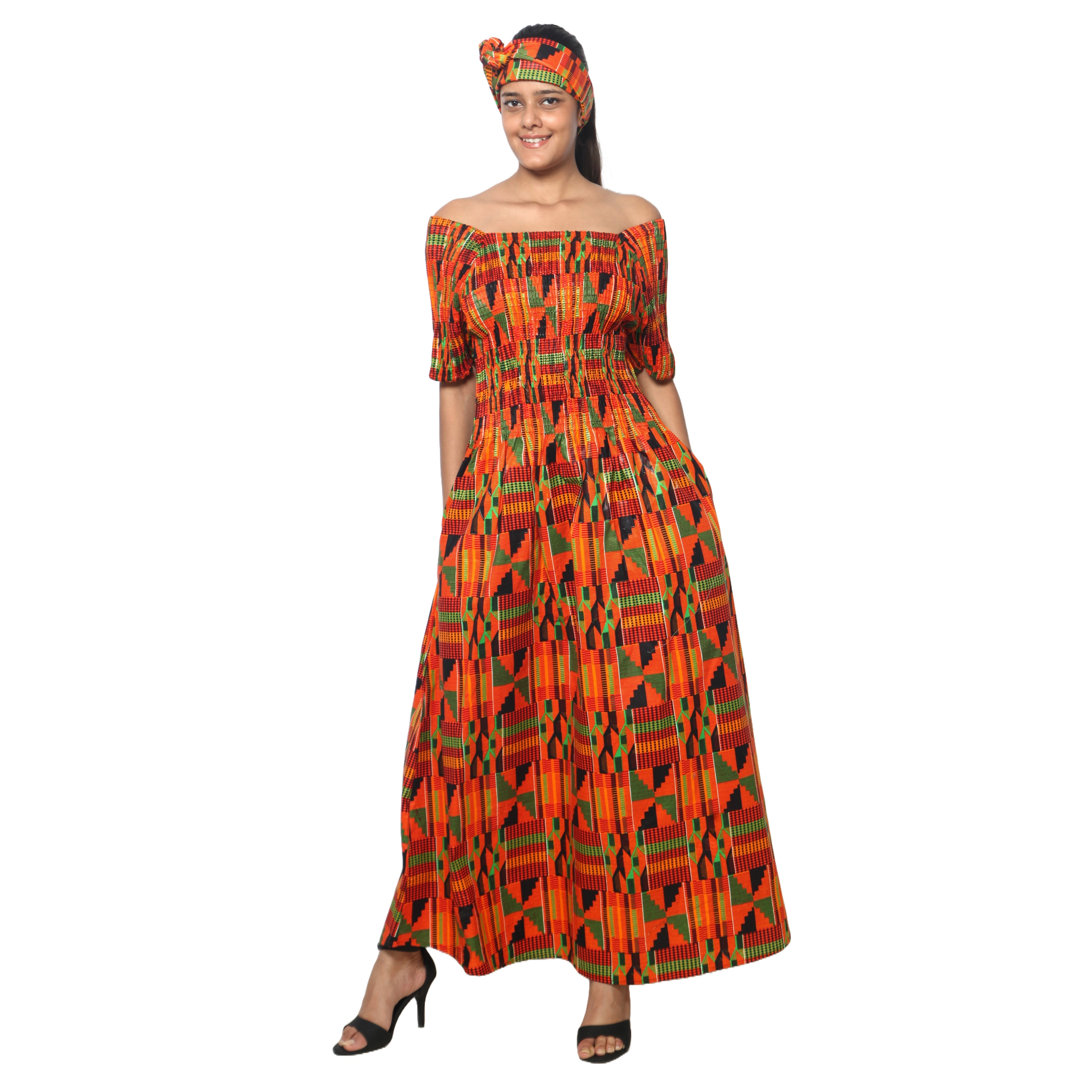 Women's Printed Smocking Short Sleeve Maxi Dress - FI-50071
