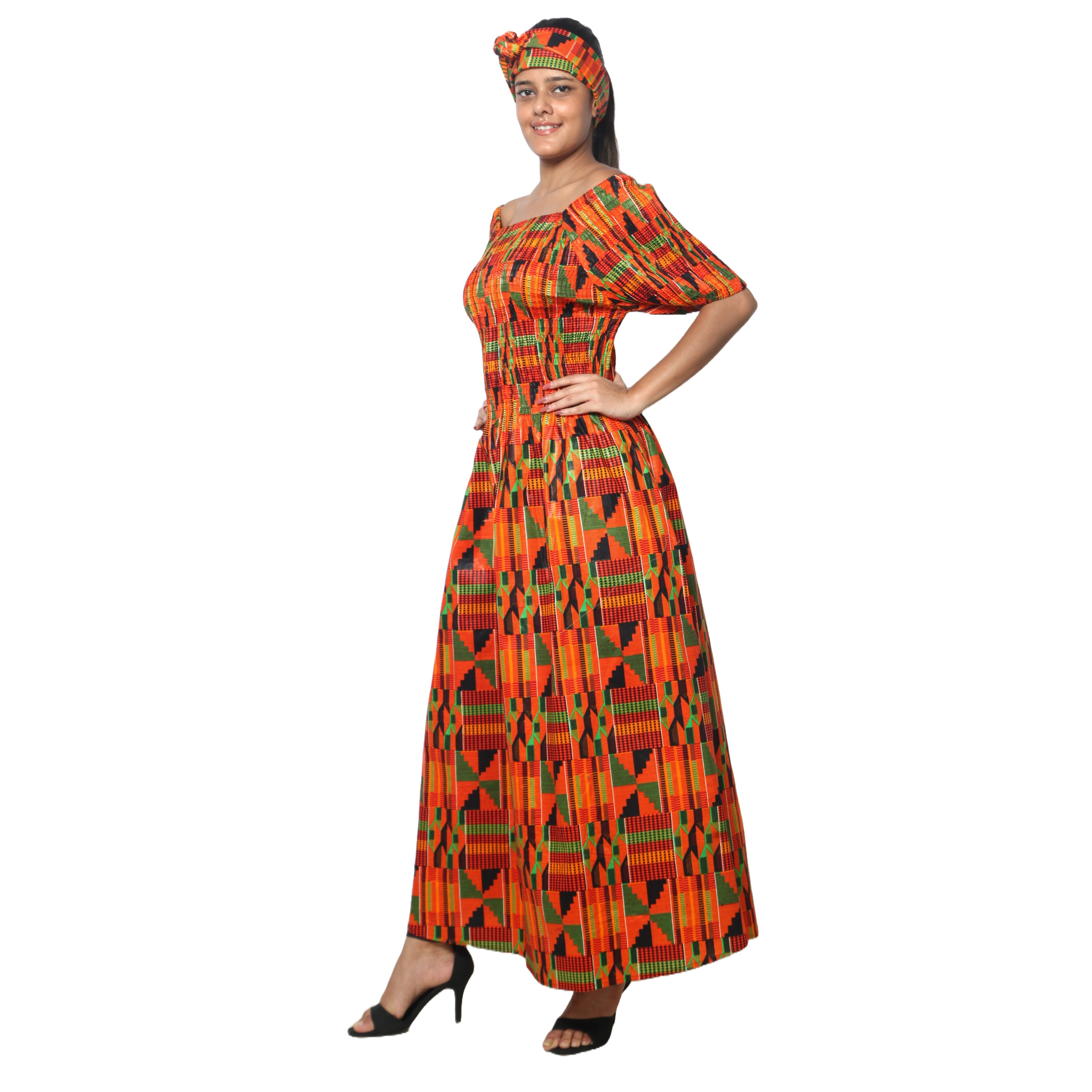 Women's Printed Smocking Short Sleeve Maxi Dress - FI-50071