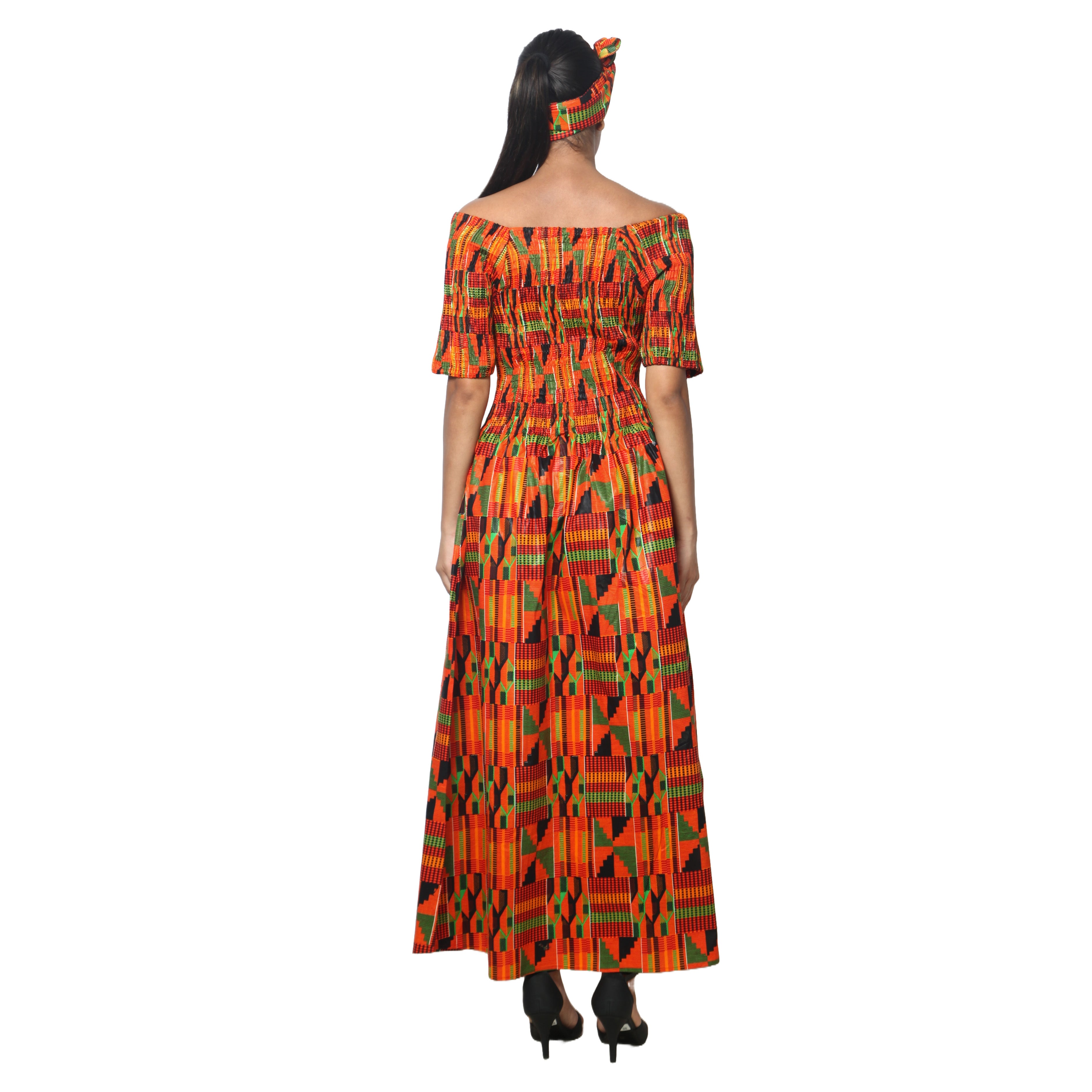 Women's Printed Smocking Short Sleeve Maxi Dress - FI-50071