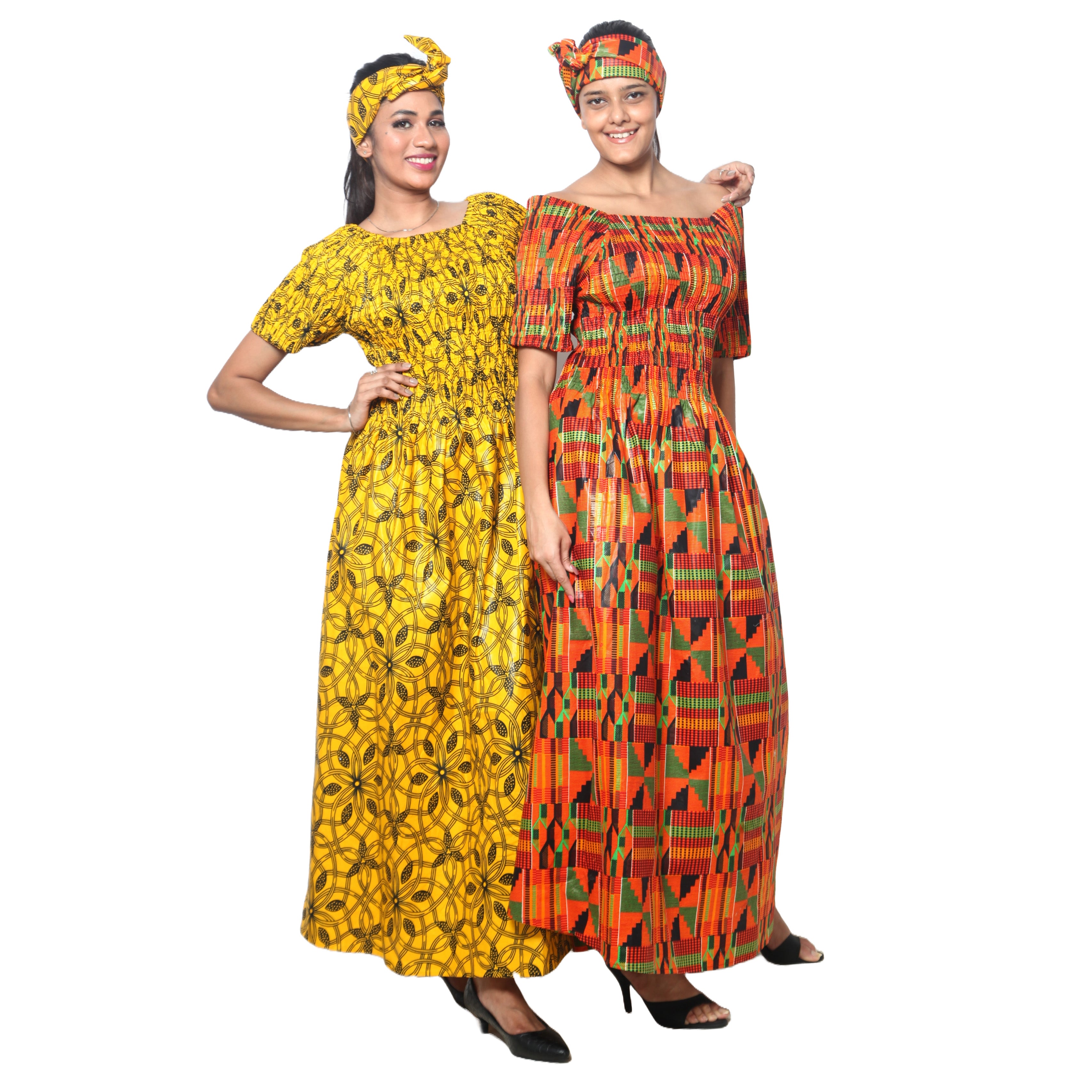 Women's Printed Smocking Short Sleeve Maxi Dress - FI-50071