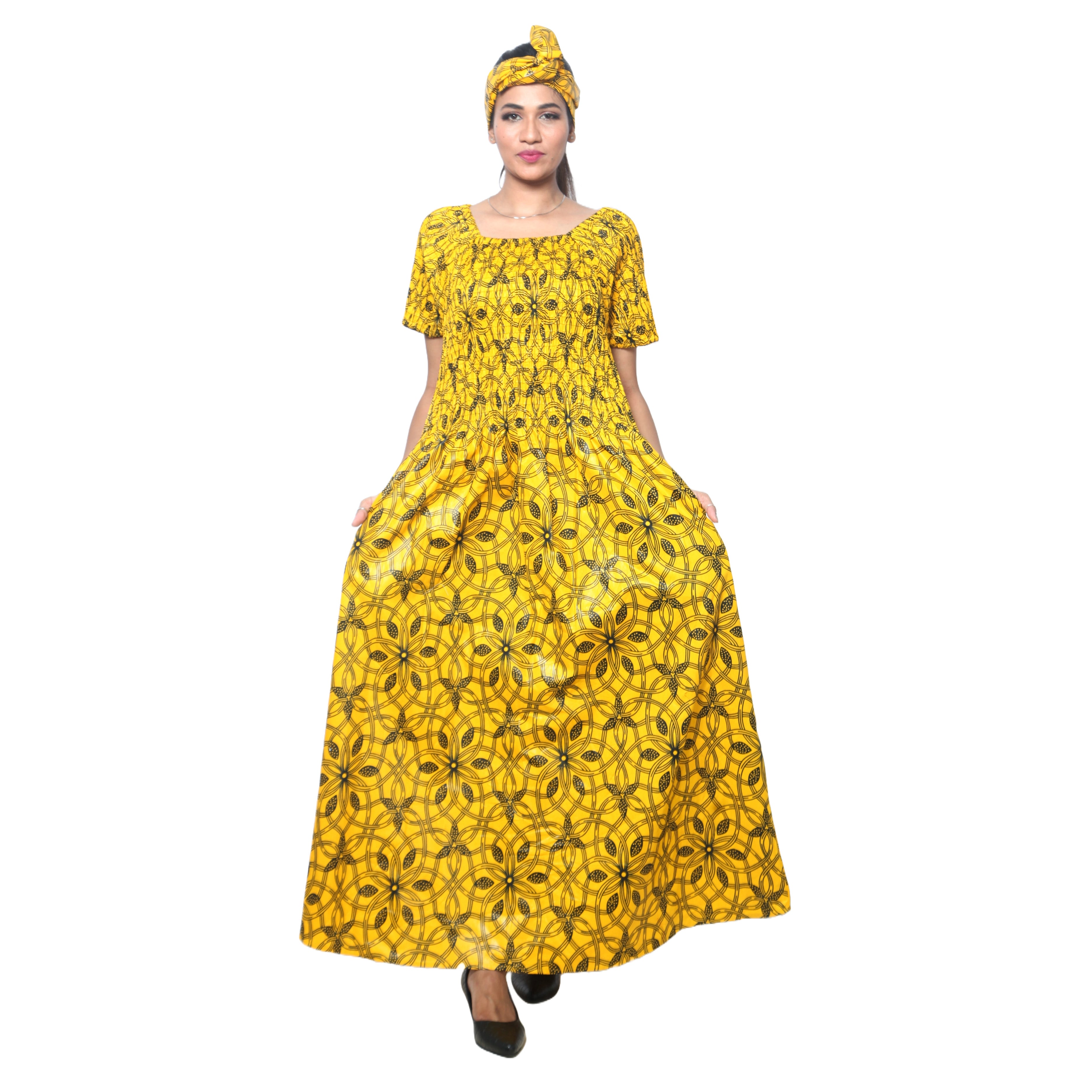 Women's Printed Smocking Short Sleeve Maxi Dress - FI-50071