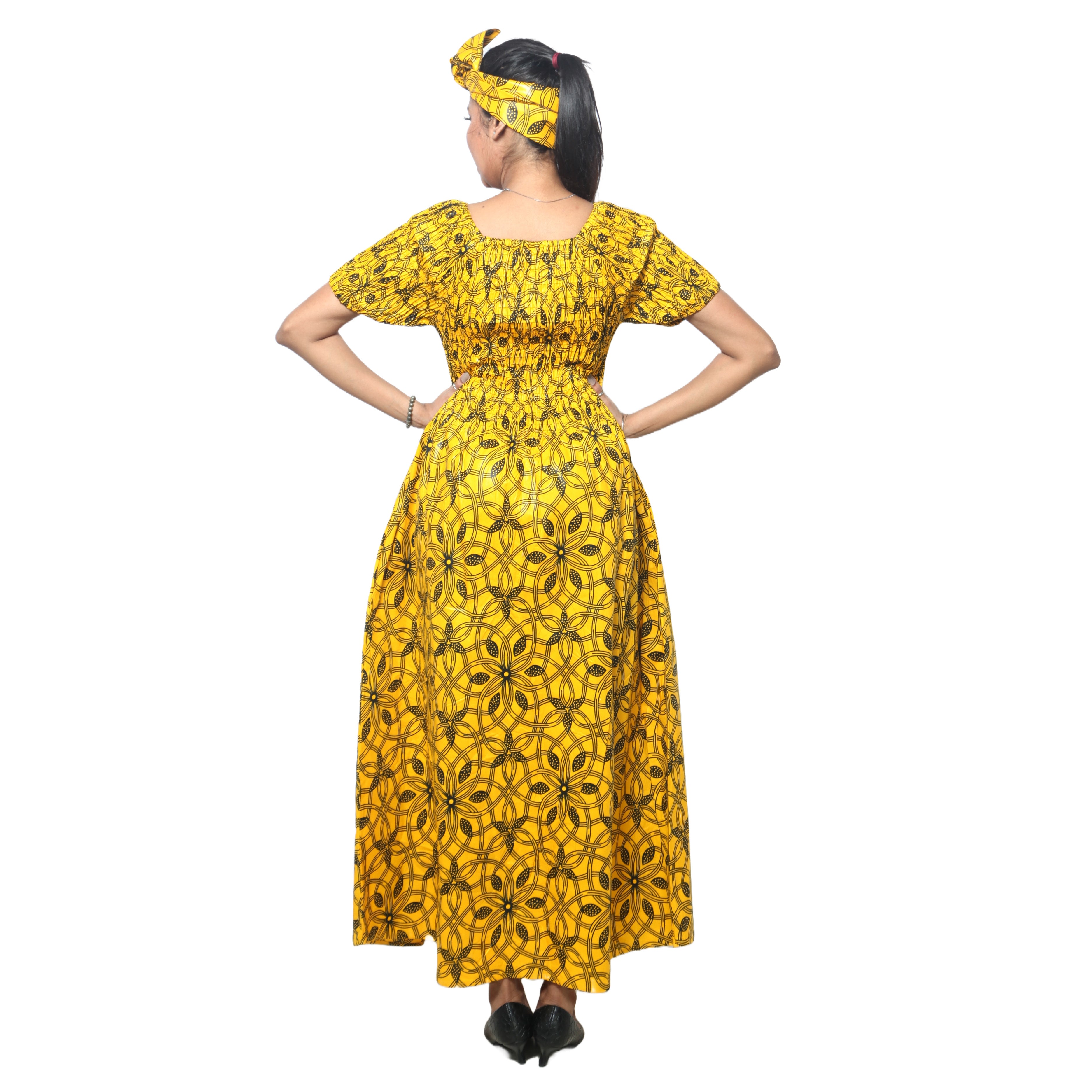 Women's Printed Smocking Short Sleeve Maxi Dress - FI-50071