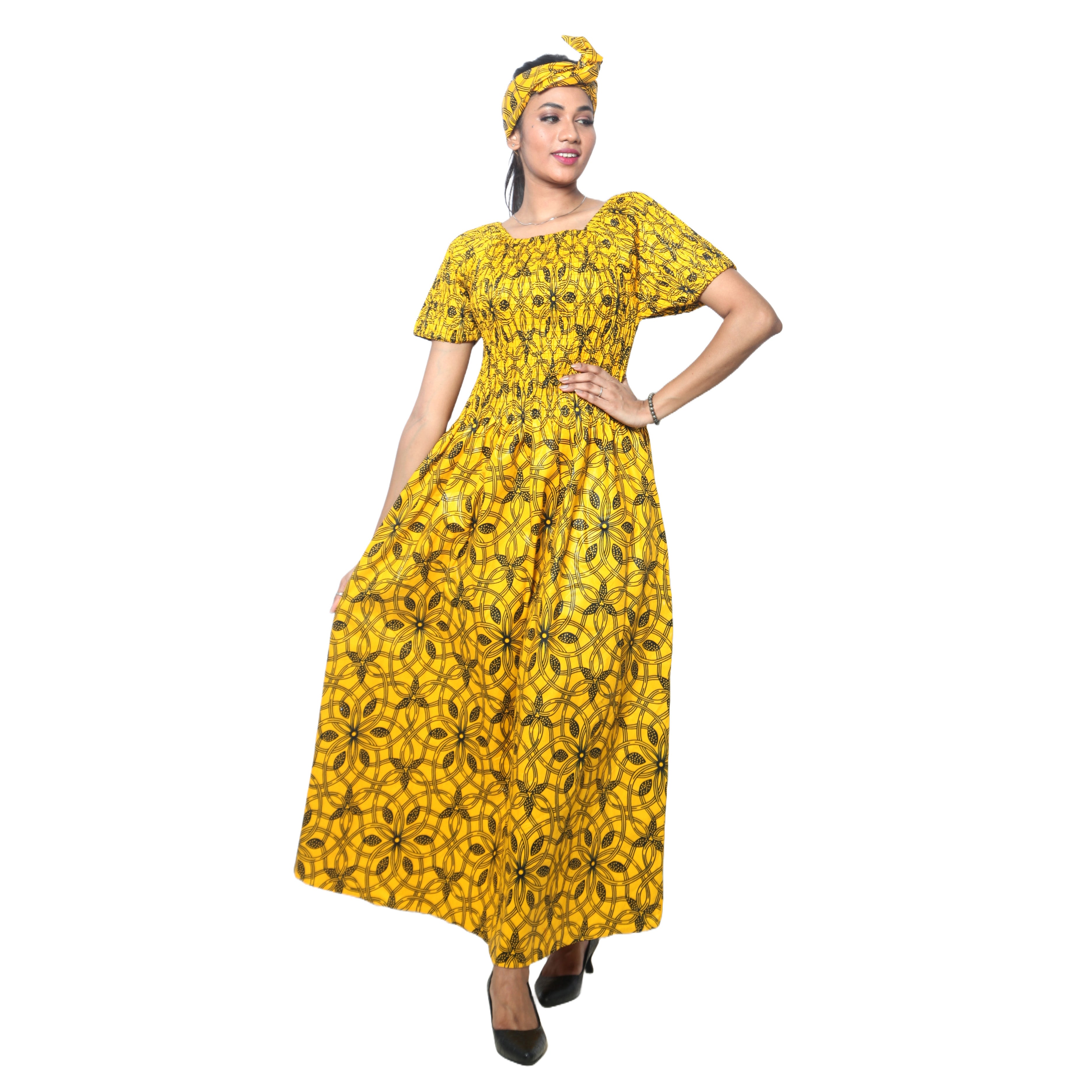 Women's Printed Smocking Short Sleeve Maxi Dress - FI-50071