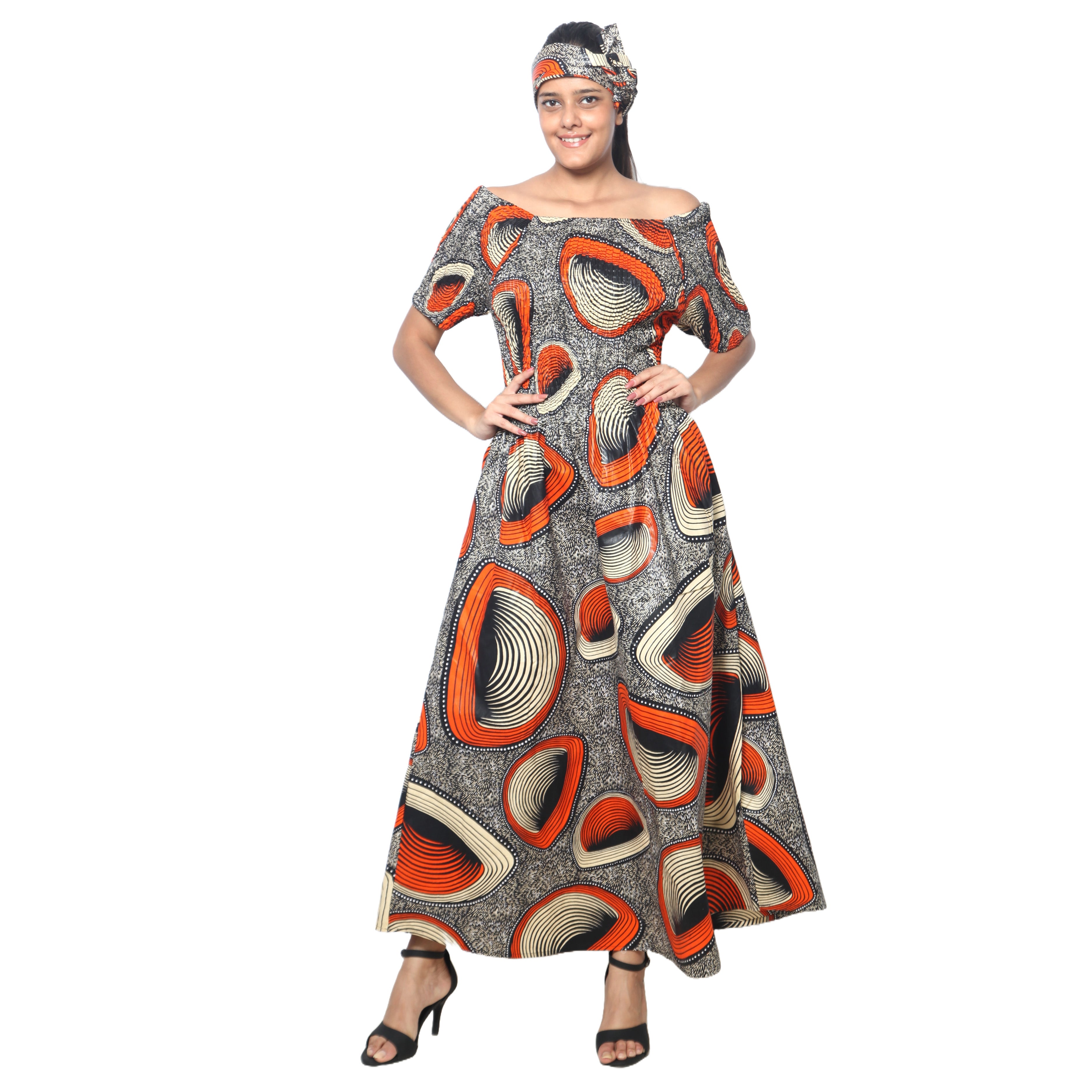 Women's Printed Smocking Short Sleeve Maxi Dress - FI-50071