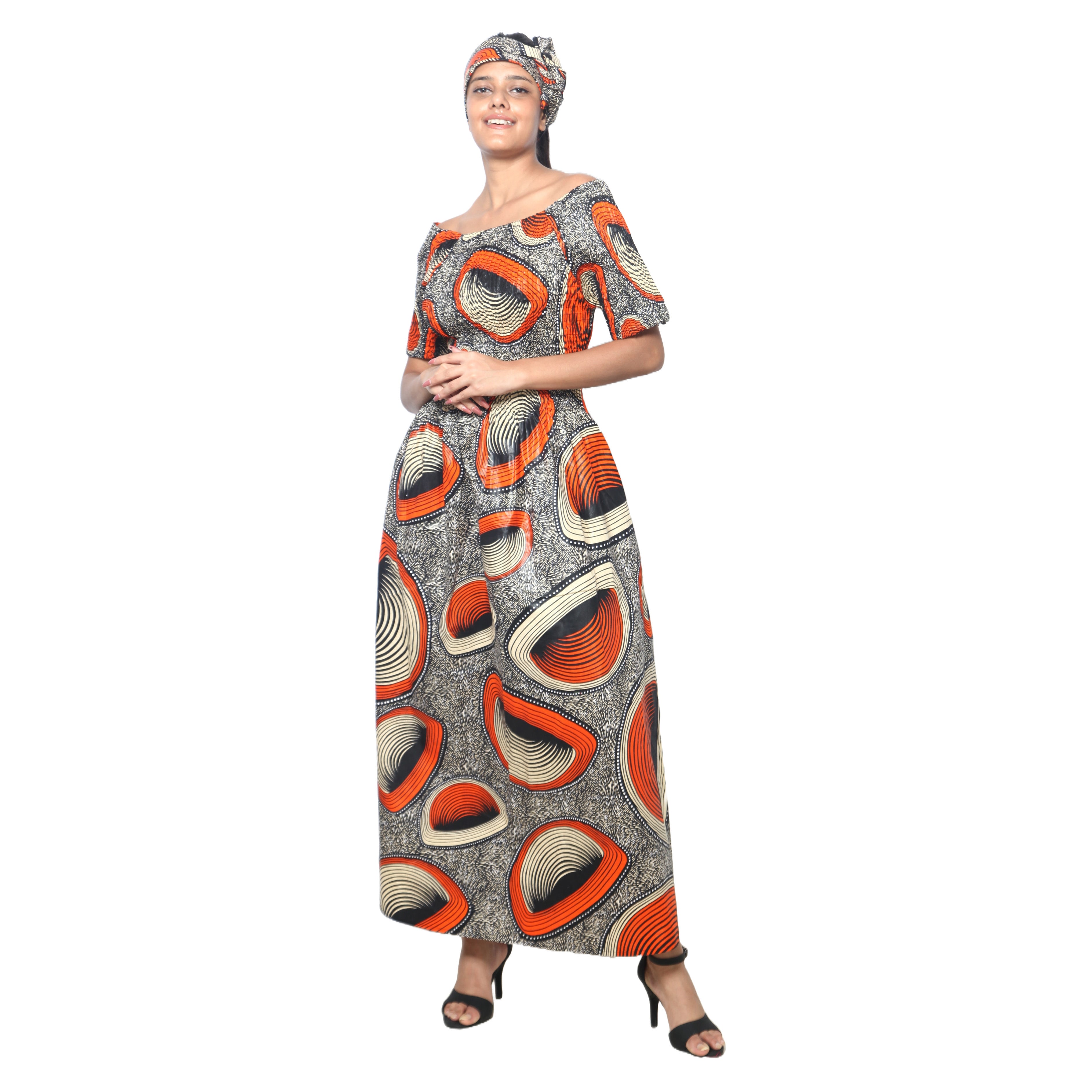 Women's Printed Smocking Short Sleeve Maxi Dress - FI-50071