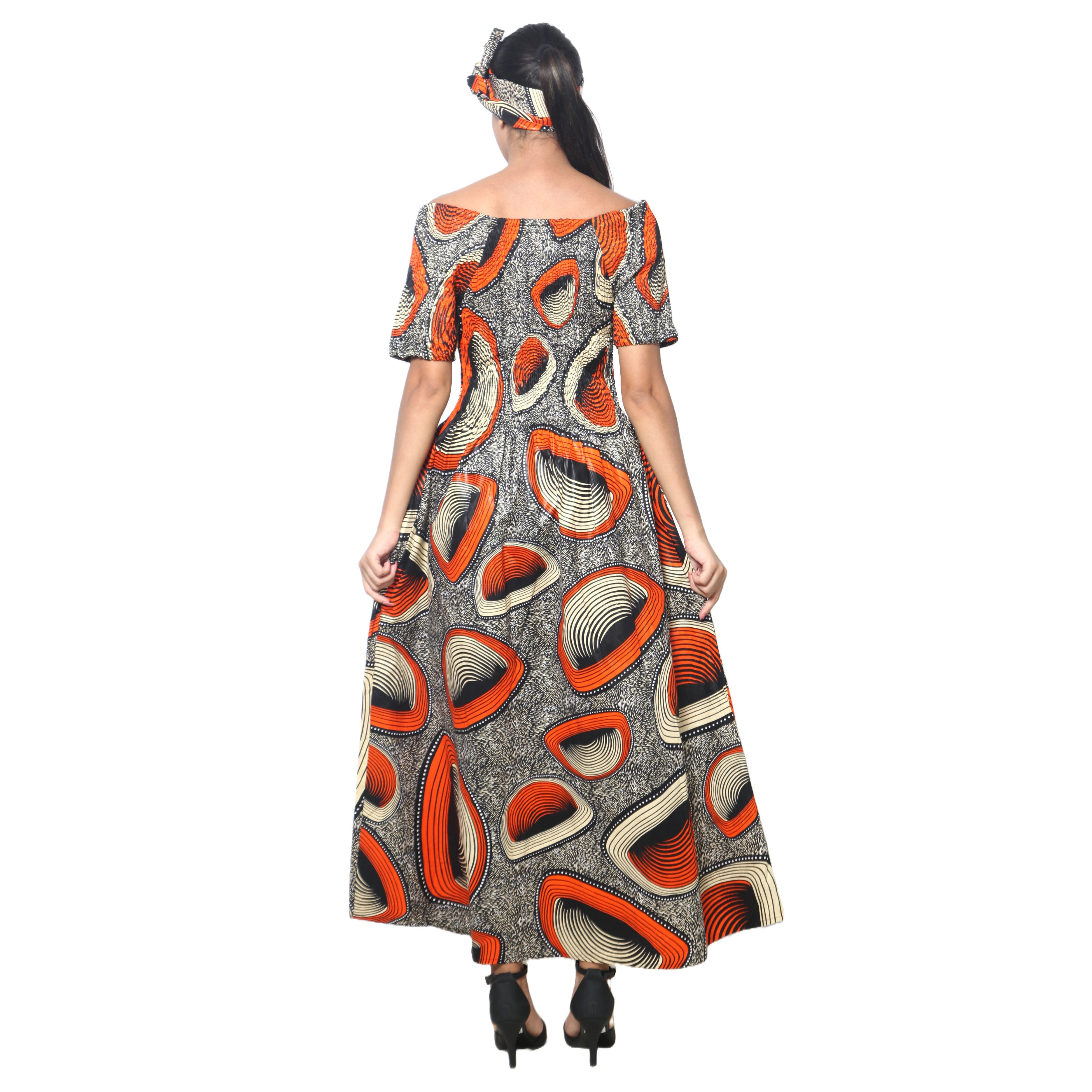 Women's Printed Smocking Short Sleeve Maxi Dress - FI-50071