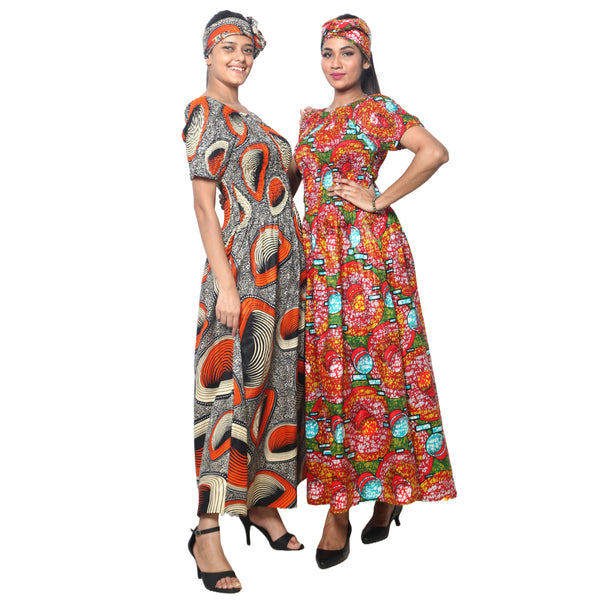 Women's Printed Smocking Short Sleeve Maxi Dress - FI-50071