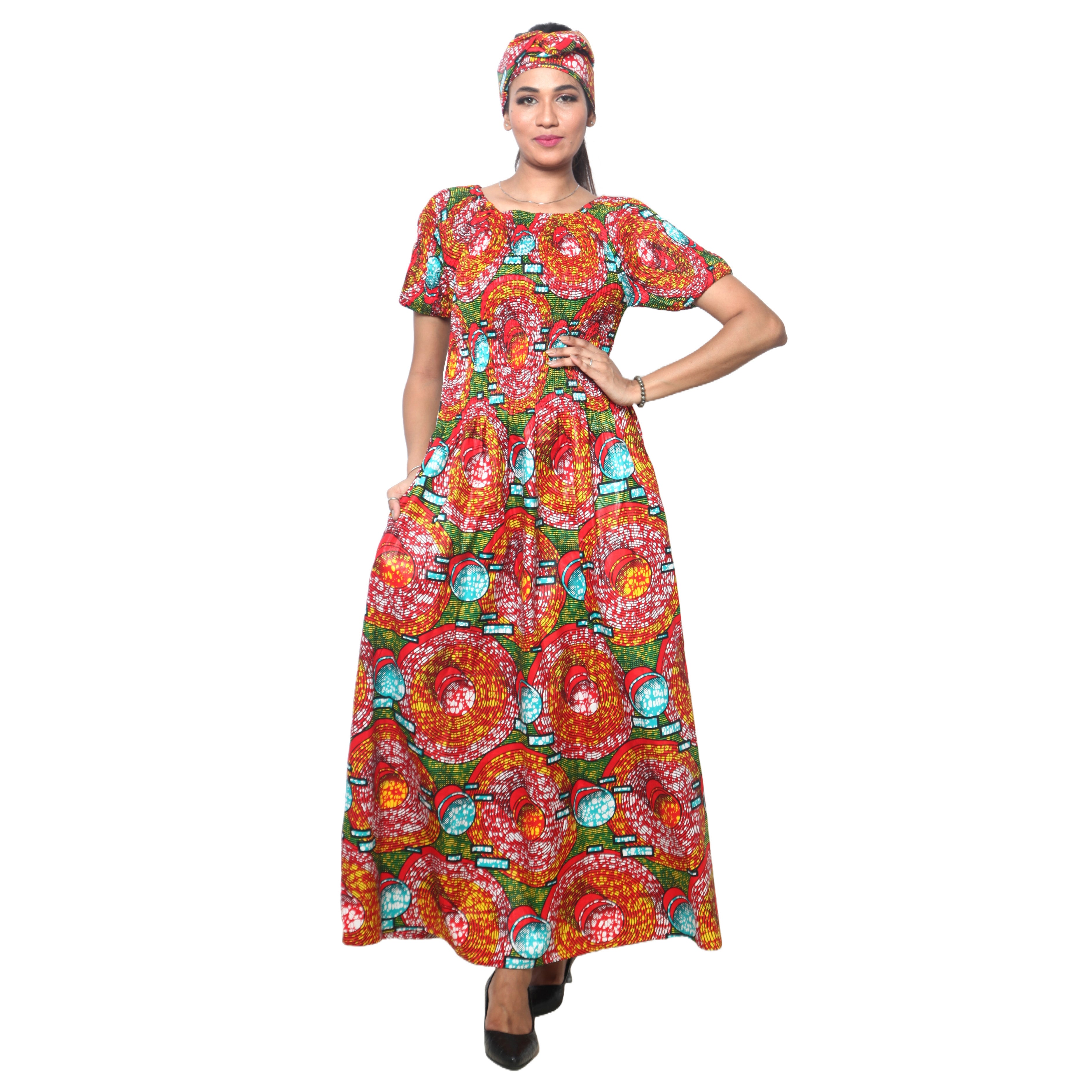 Women's Printed Smocking Short Sleeve Maxi Dress - FI-50071