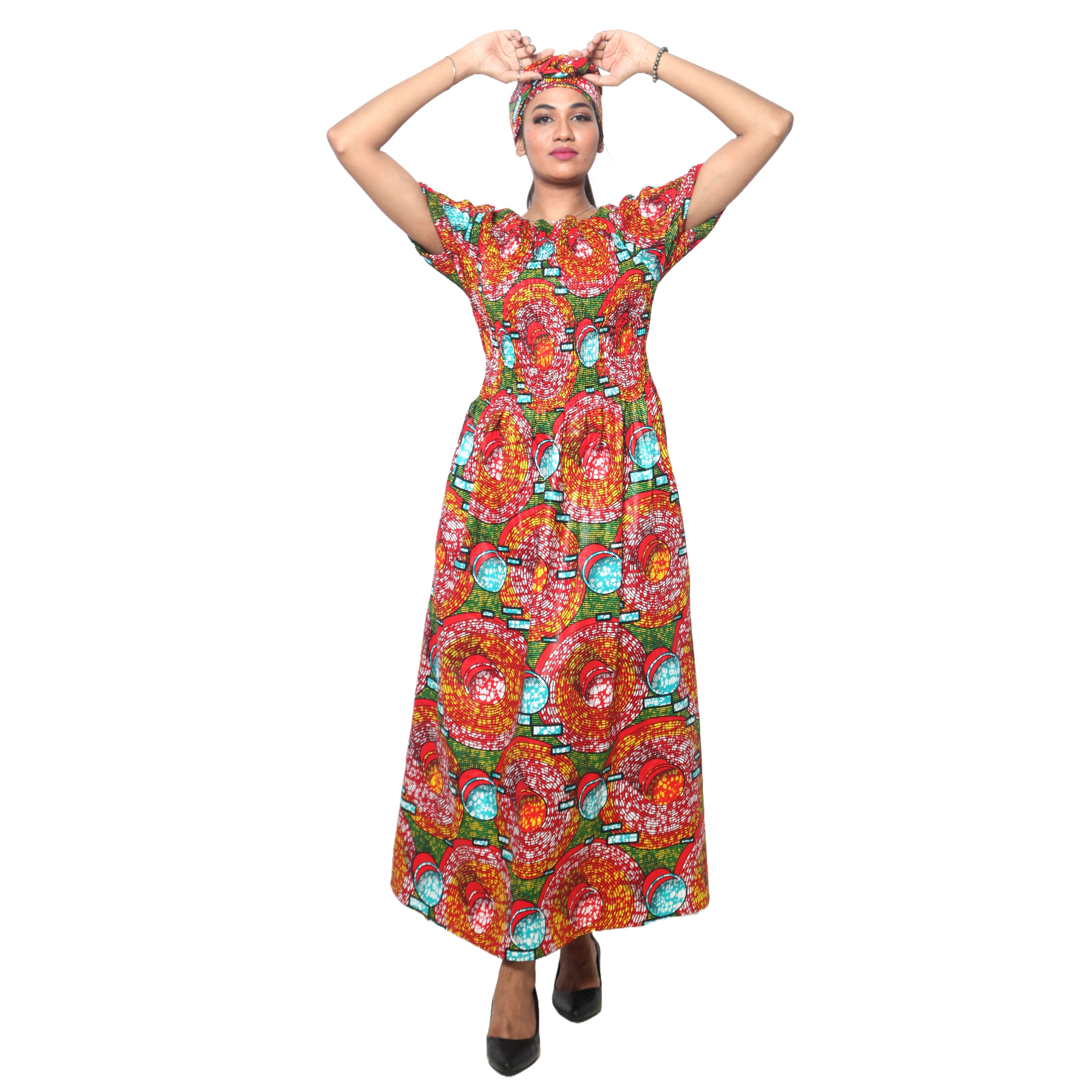 Women's Printed Smocking Short Sleeve Maxi Dress - FI-50071