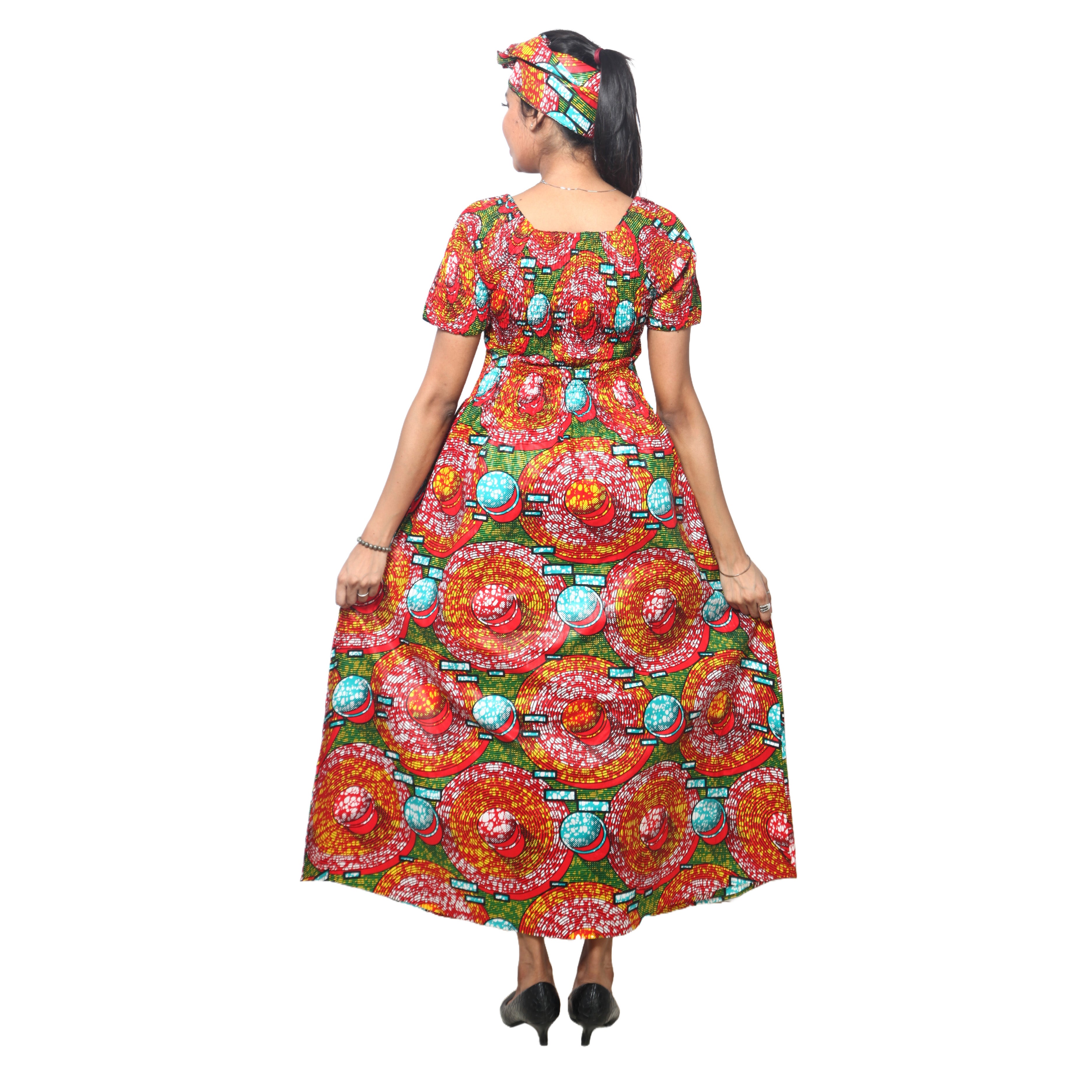 Women's Printed Smocking Short Sleeve Maxi Dress - FI-50071
