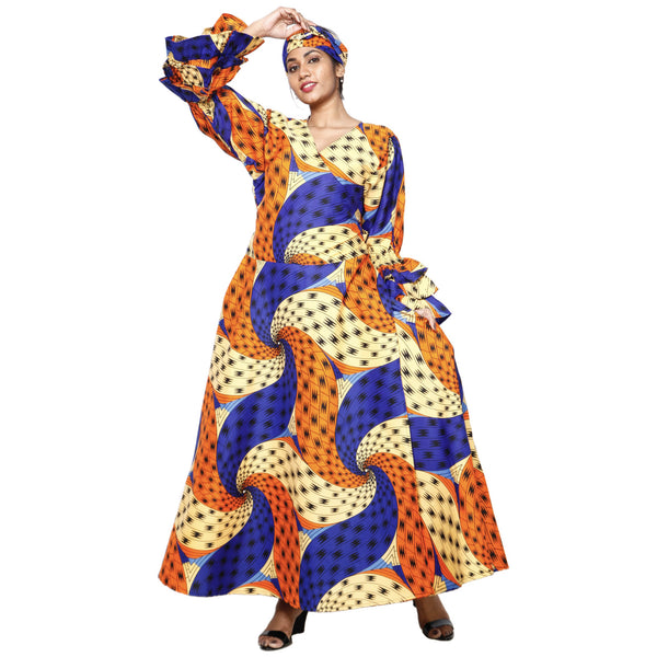 Women's Poly-Cotton Wrap Dress with Ruffle Sleeves tricolor contrast