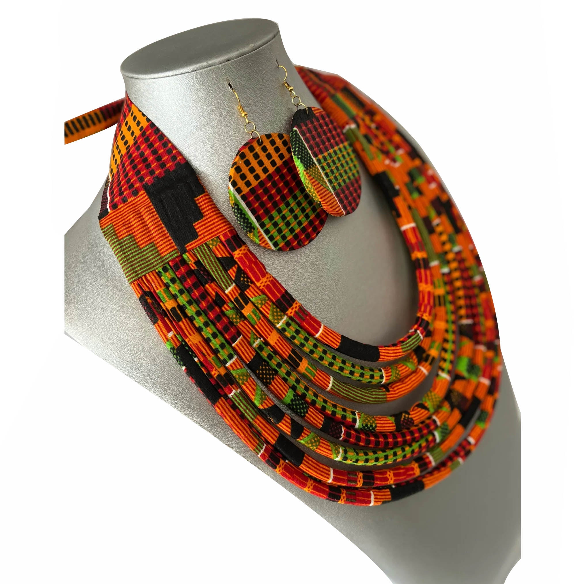 African Fabric Layer Necklace with Disc Earrings -- Jewelry A38