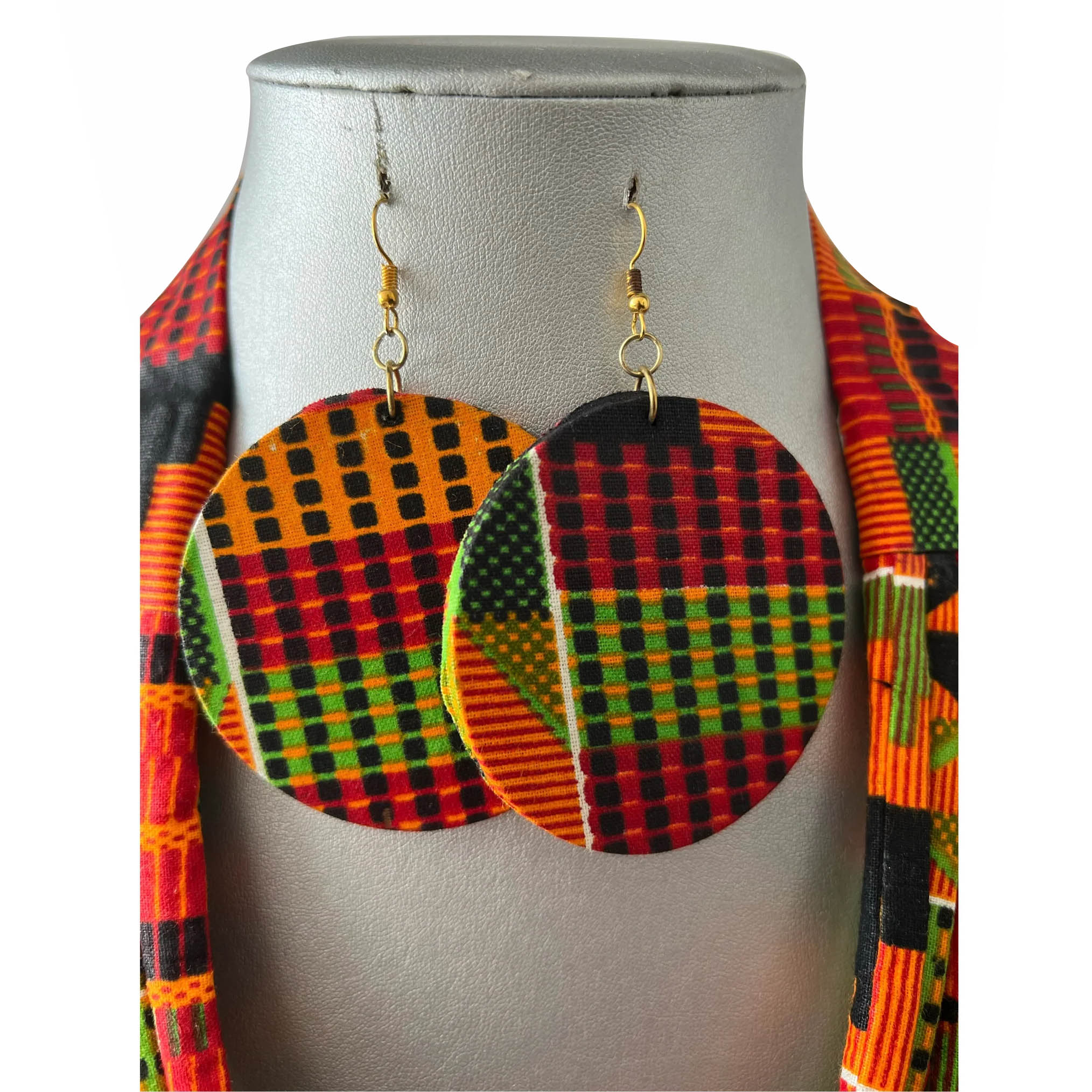 African Fabric Layer Necklace with Disc Earrings -- Jewelry A38