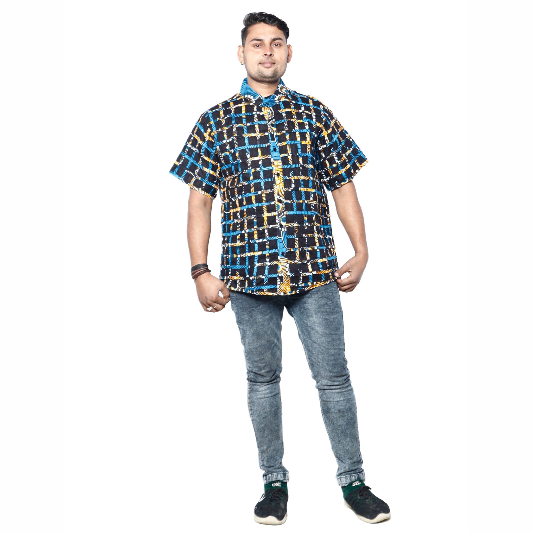 Men's Cage Duster Short Sleeve Shirt blue and yellow