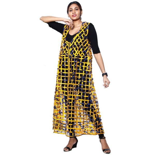Women's Sleeveless Cage Duster yellow and dark blue