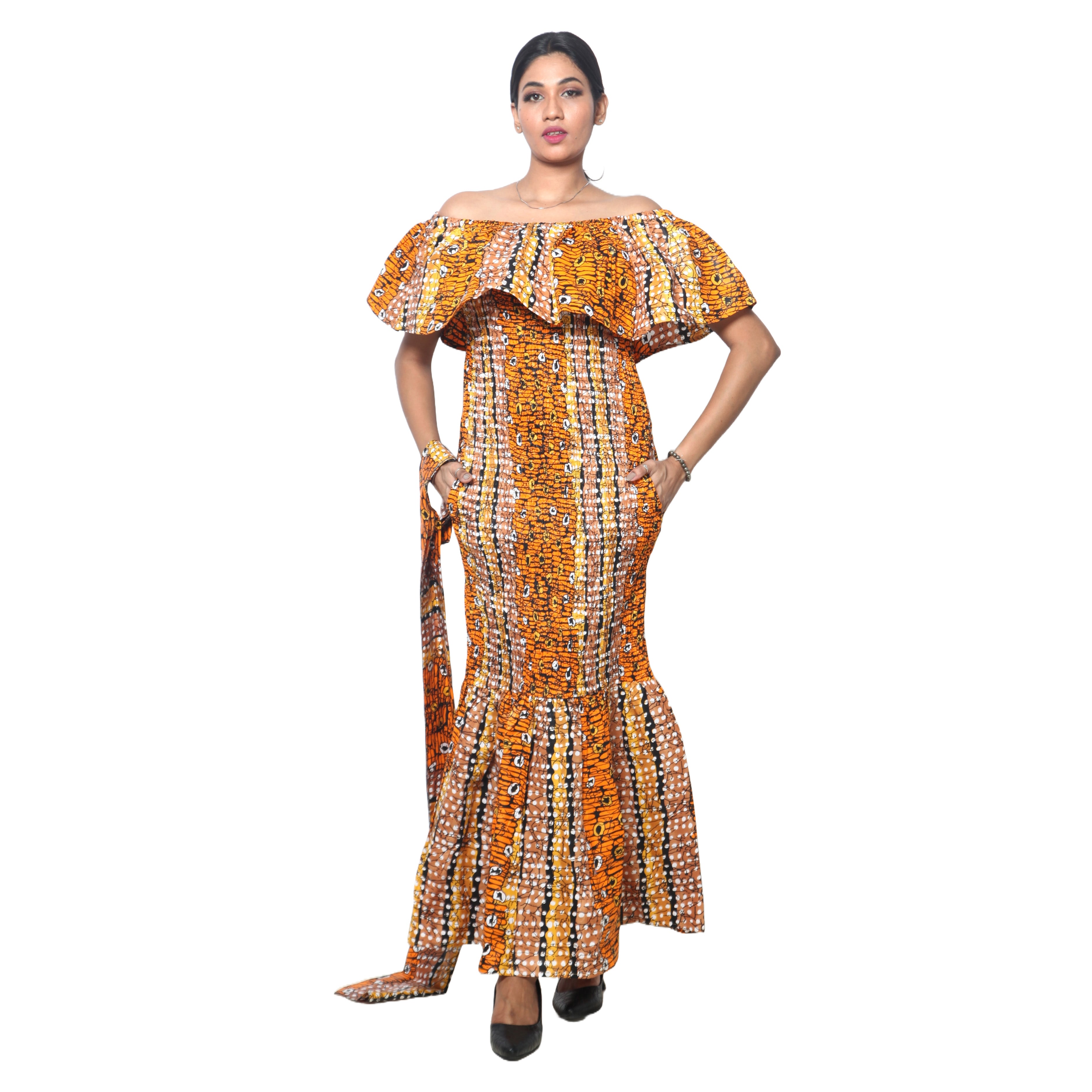 Women's Off Shoulder Smocking Maxi Dress -- FI-50077