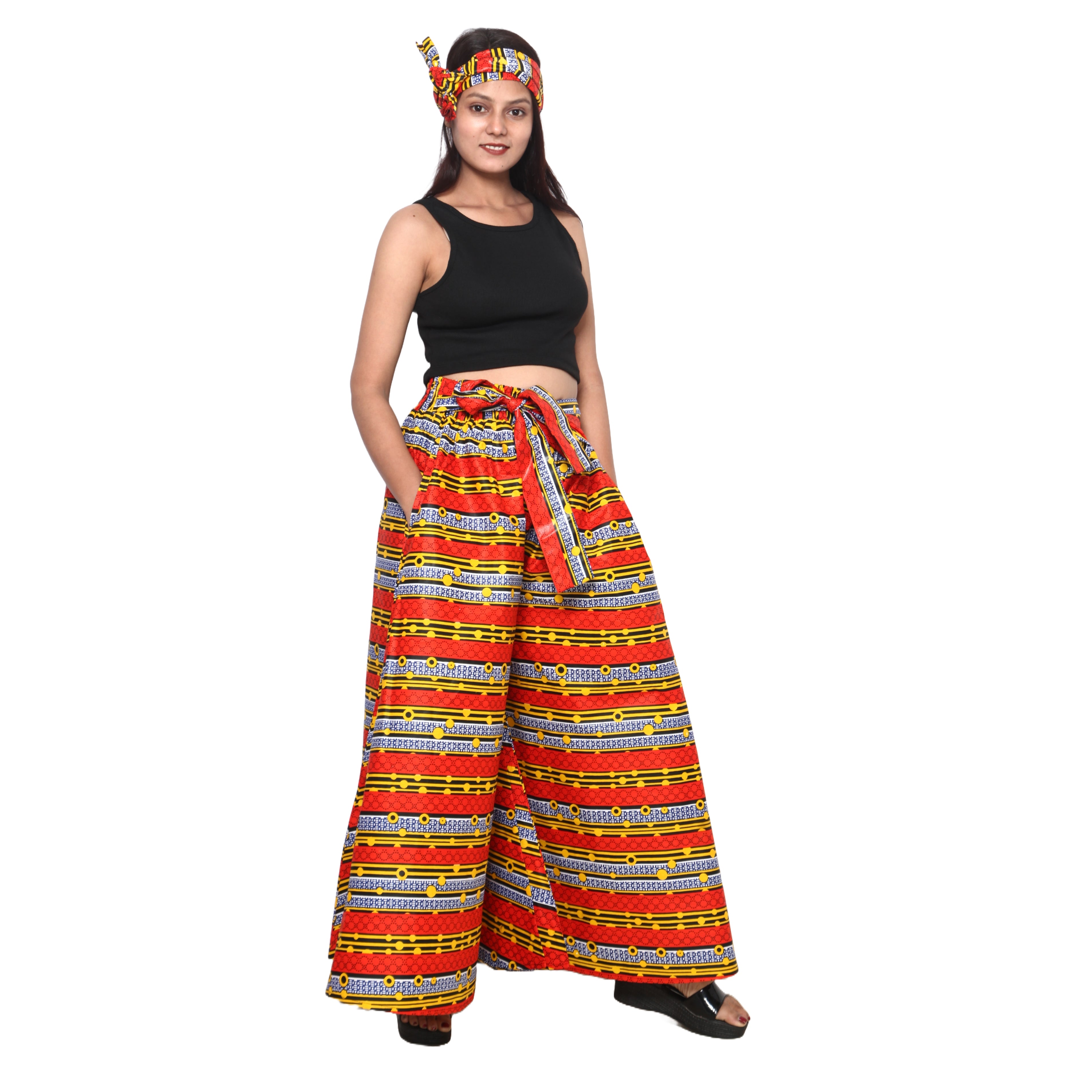 Women's African Printed Tie Waist Palazzo Pants -- FI-50