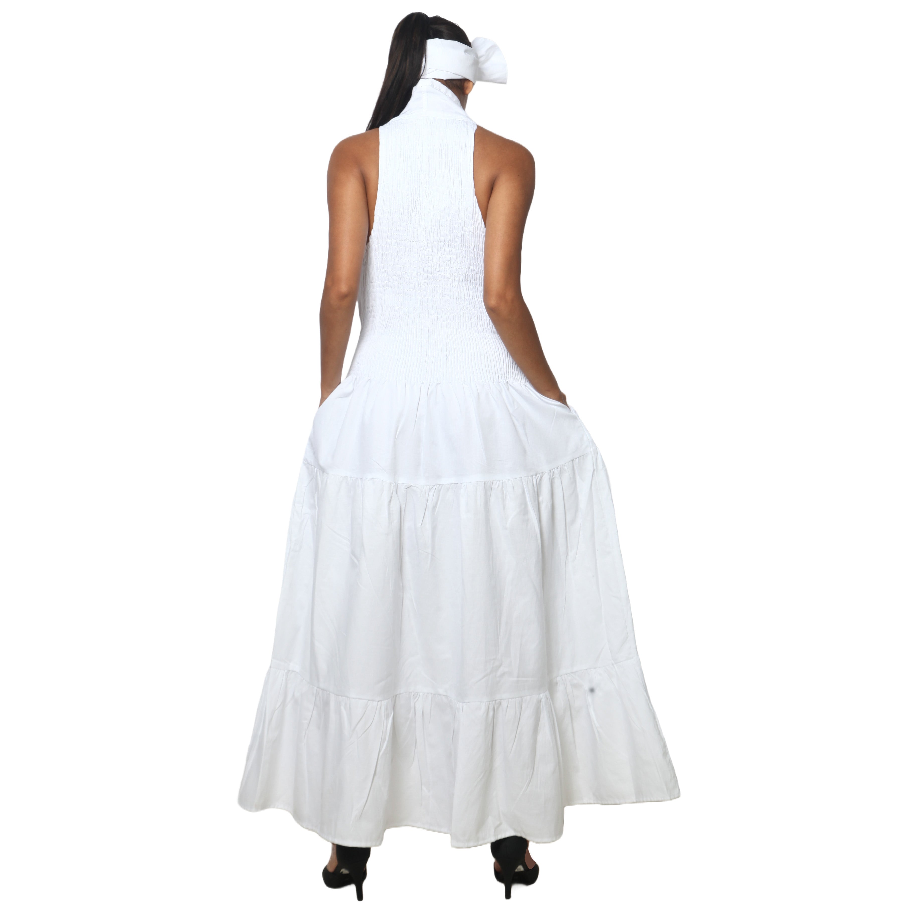Women's Denim Halter Button Down Smocking Maxi Dress - FI-D3028L