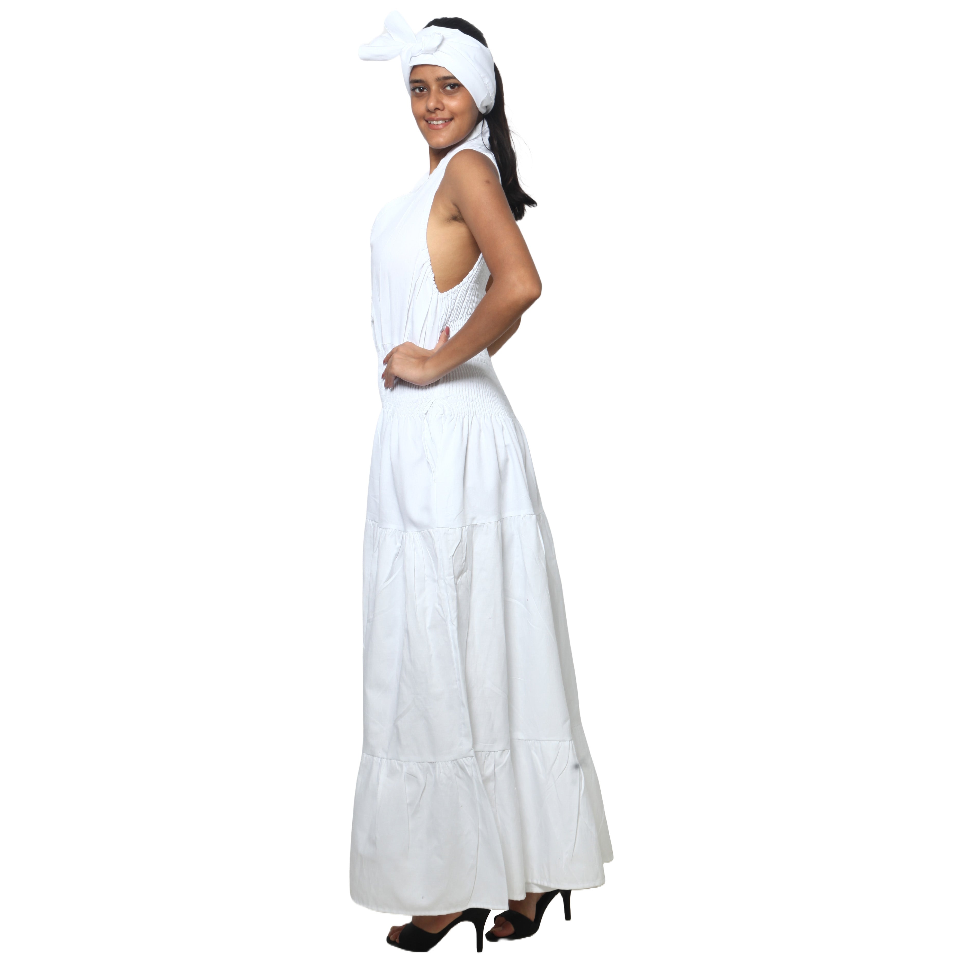 Women's Denim Halter Button Down Smocking Maxi Dress - FI-D3028L