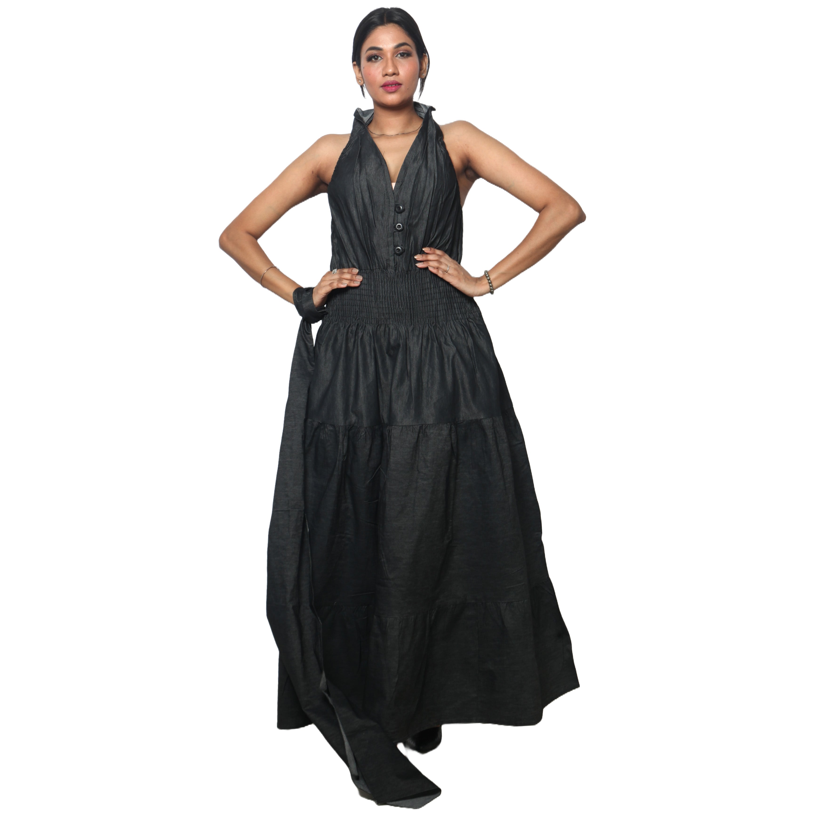 Women's Denim Halter Button Down Smocking Maxi Dress - FI-D3028L