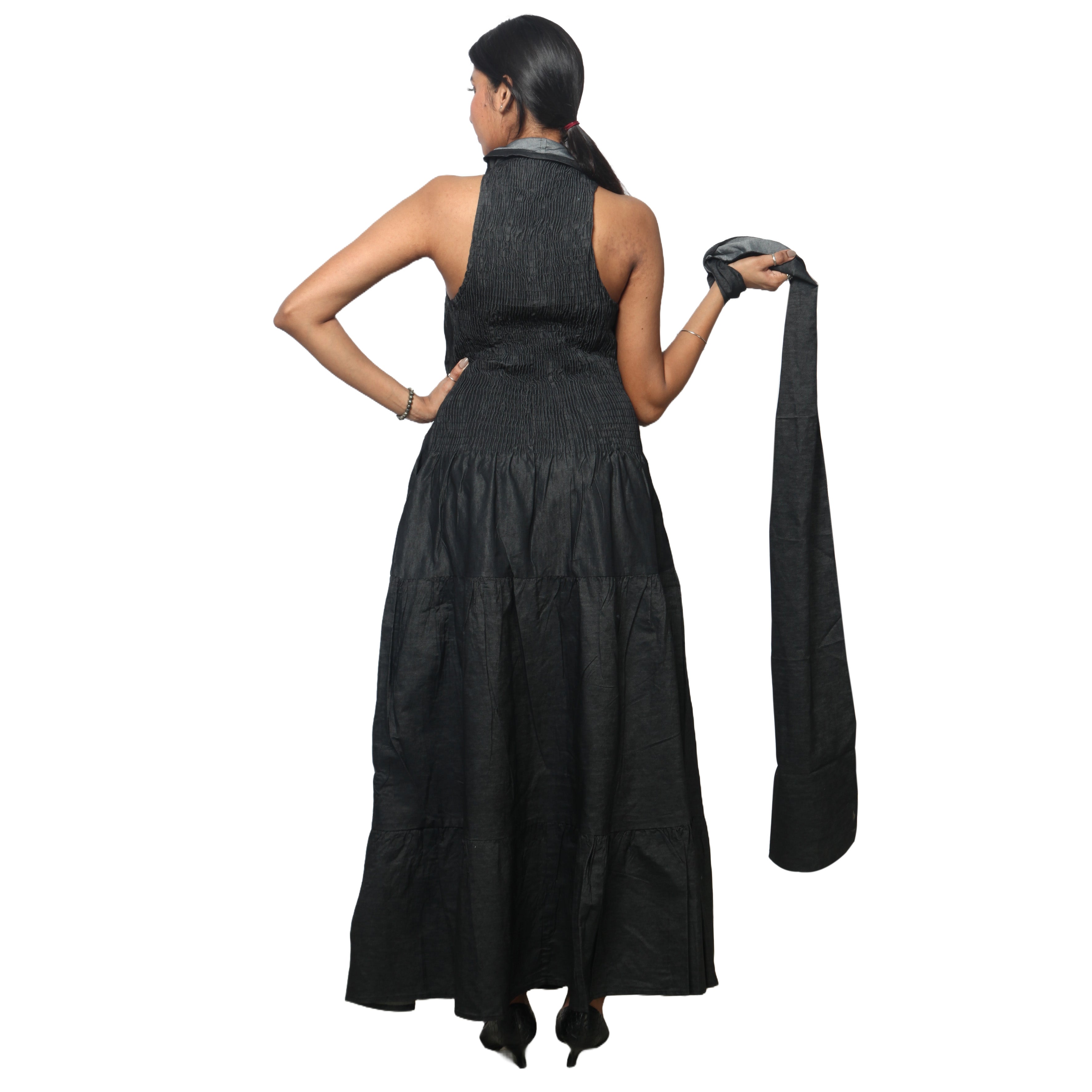 Women's Denim Halter Button Down Smocking Maxi Dress - FI-D3028L