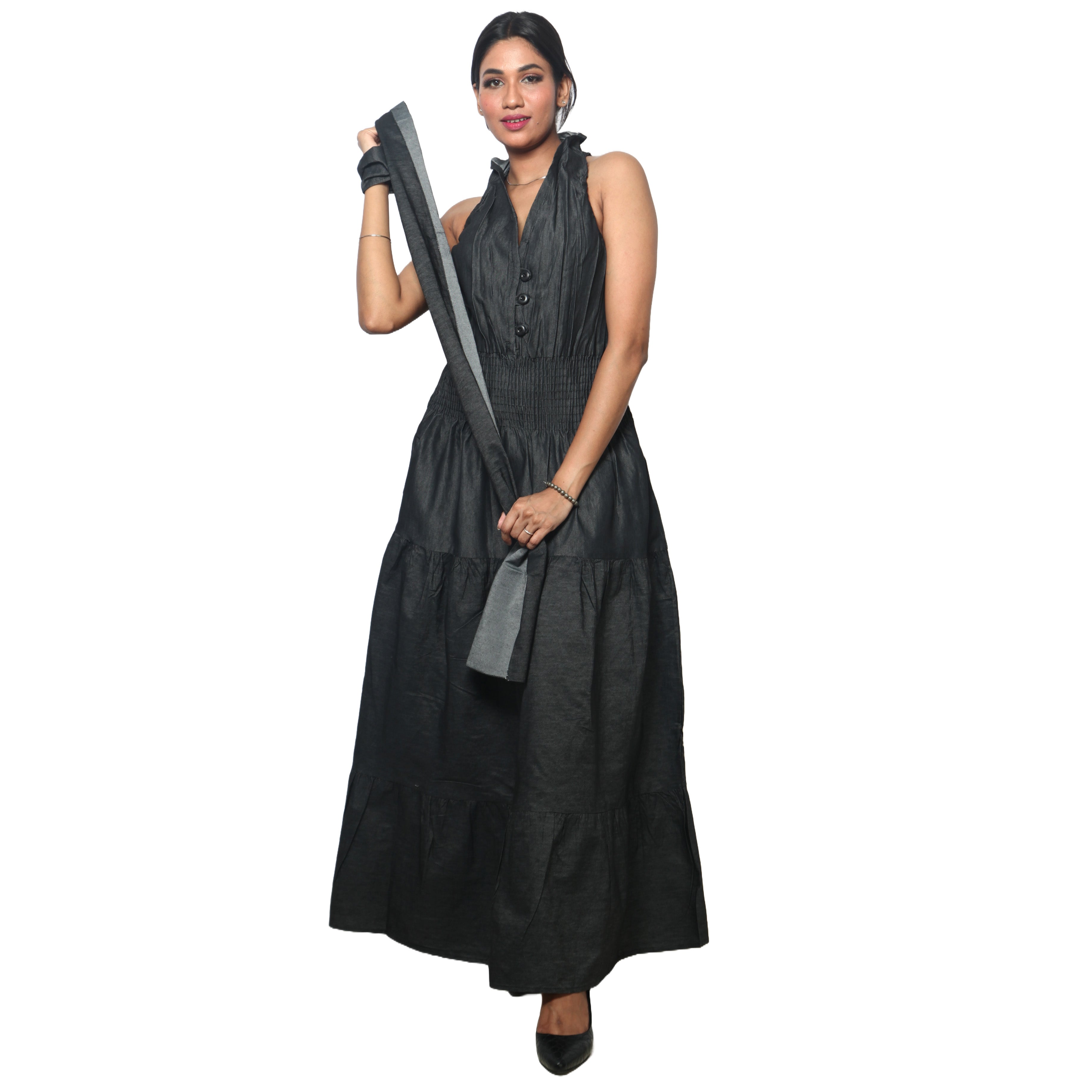 Women's Denim Halter Button Down Smocking Maxi Dress - FI-D3028L