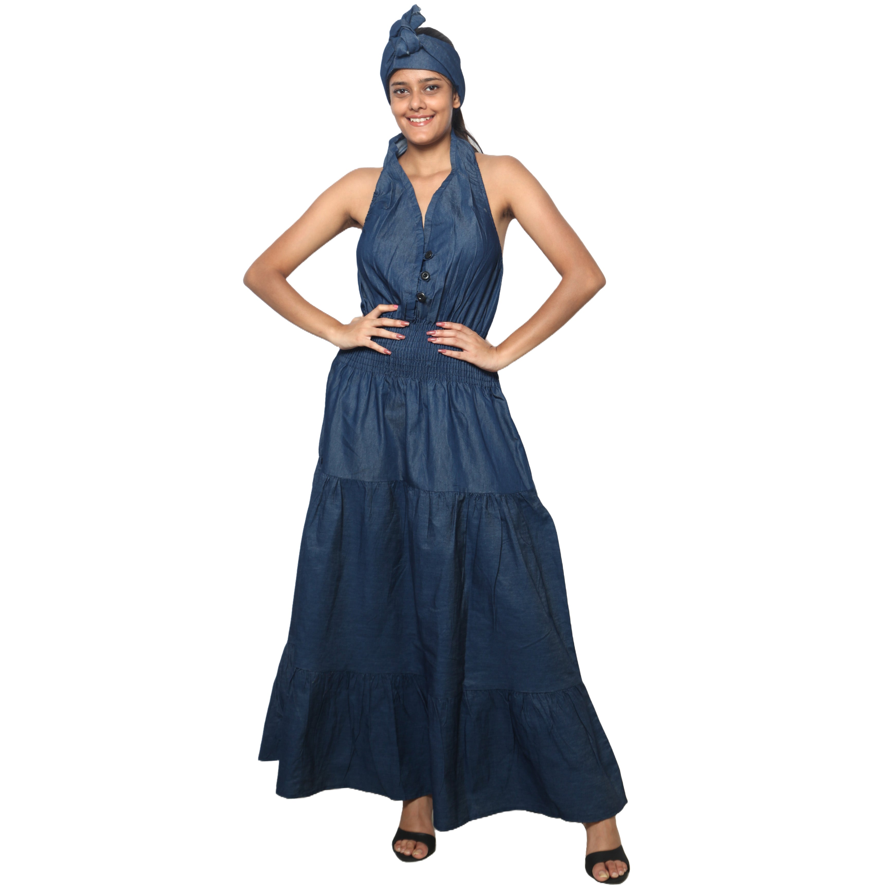 Women's Denim Halter Button Down Smocking Maxi Dress - FI-D3028L