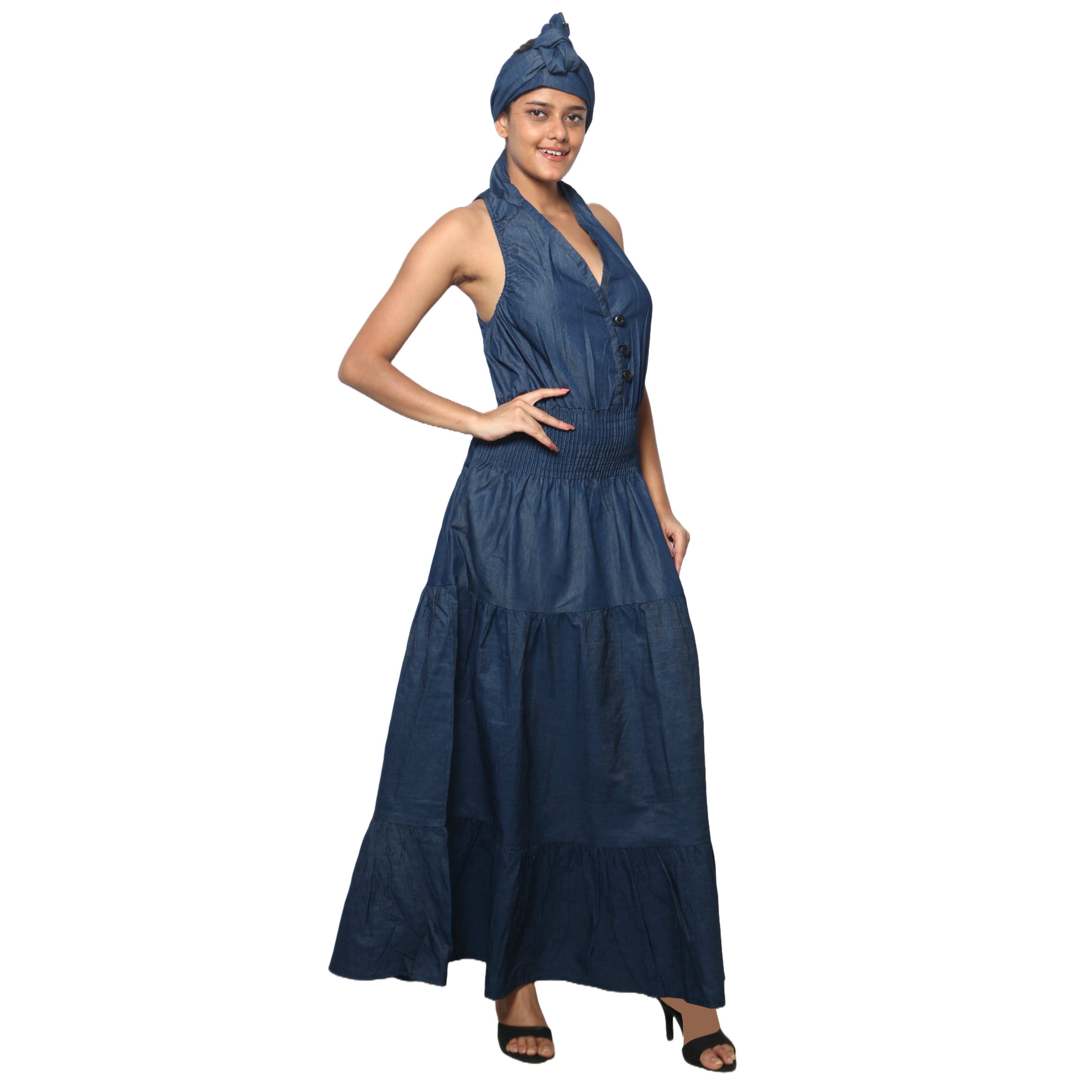 Women's Denim Halter Button Down Smocking Maxi Dress - Fi-d3028l Women's Denim Halter Button Down Smocking Maxi Dress - Fi-d3028l