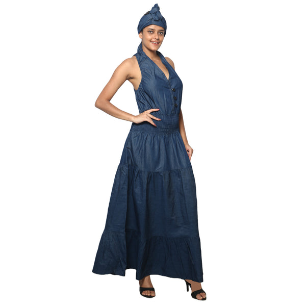 Women's Denim Halter Button Down Smocking Maxi Dress - FI-D3028L