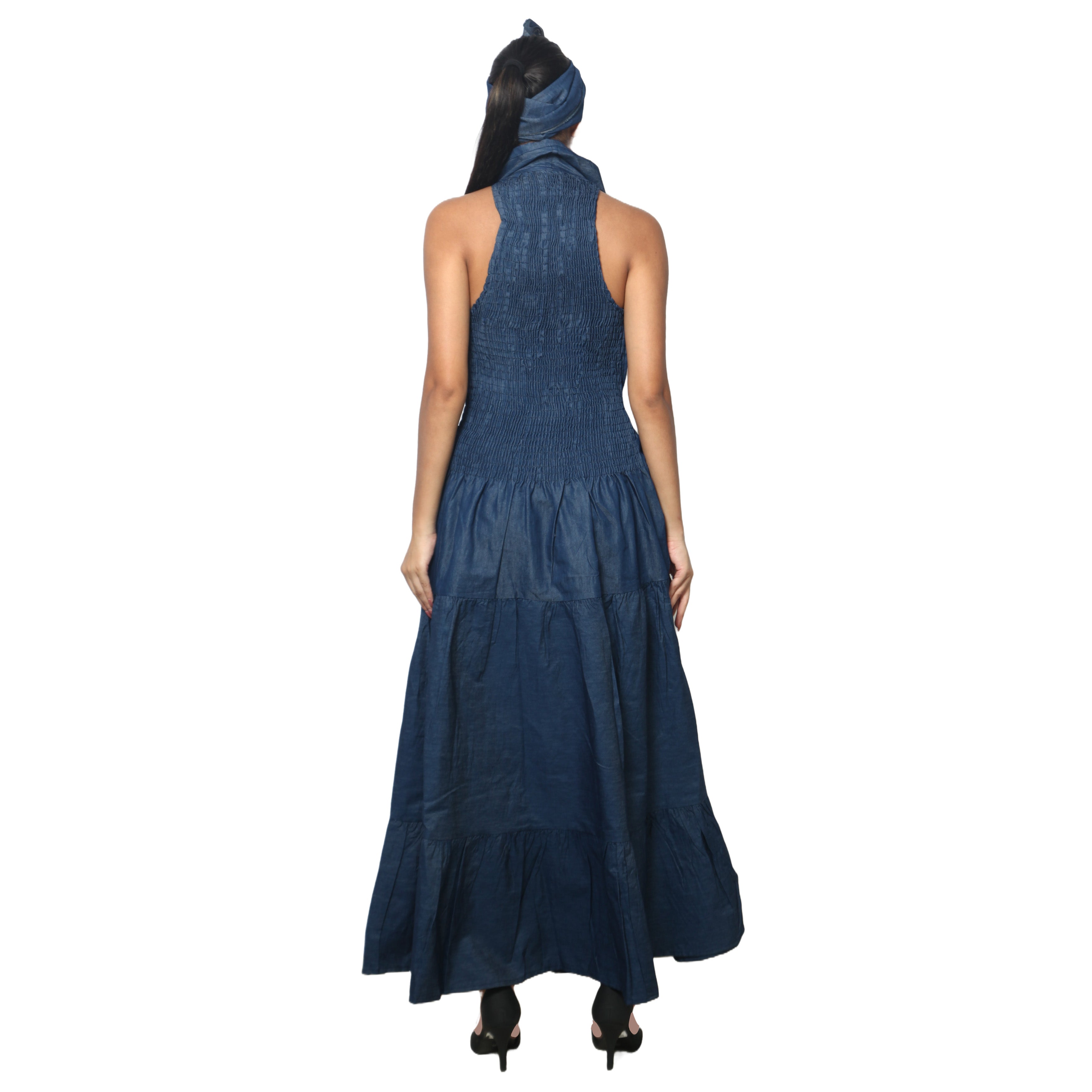 Women's Denim Halter Button Down Smocking Maxi Dress - FI-D3028L