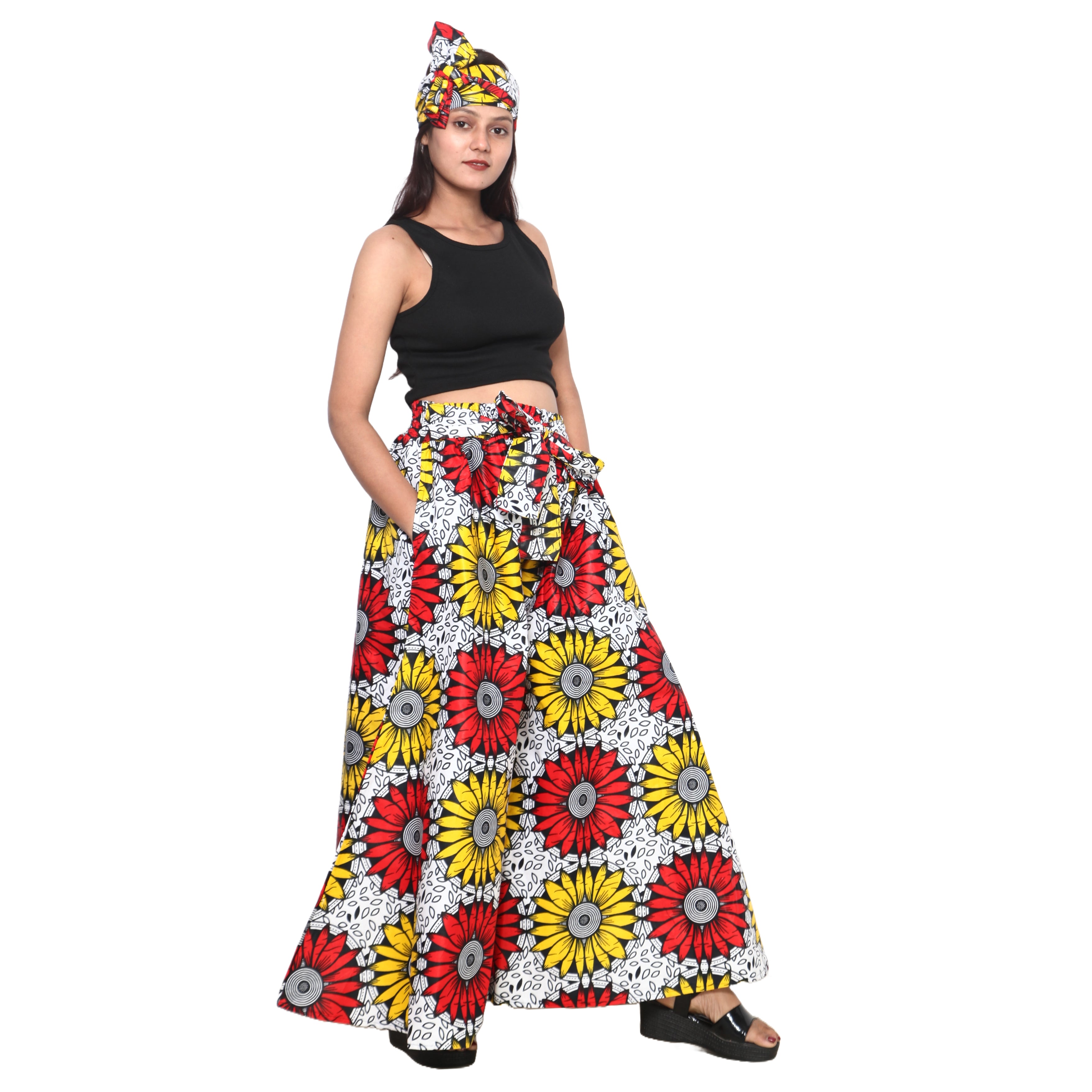 Women's African Printed Tie Waist Palazzo Pants -- FI-50