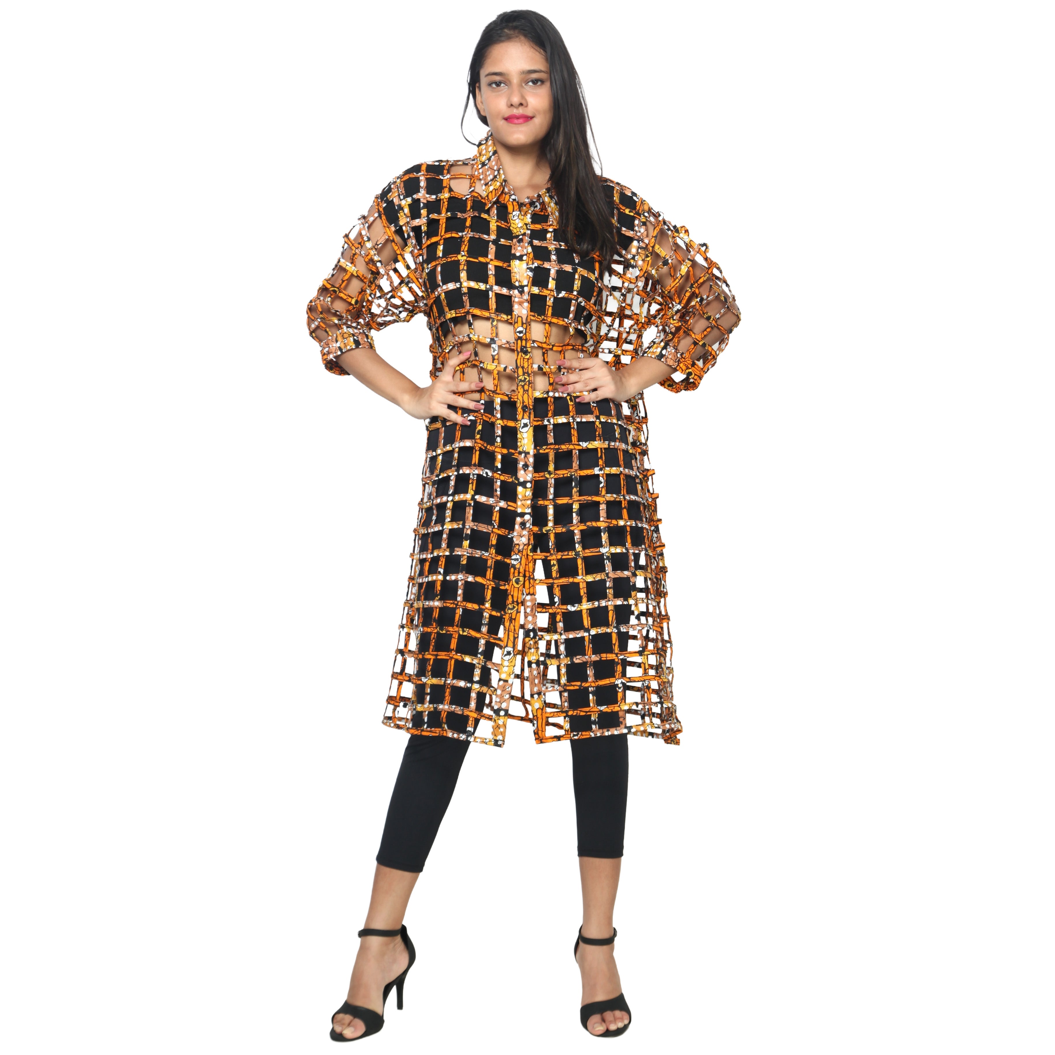 Women's Collared Cage Long Button Shirt -- FI-ST129