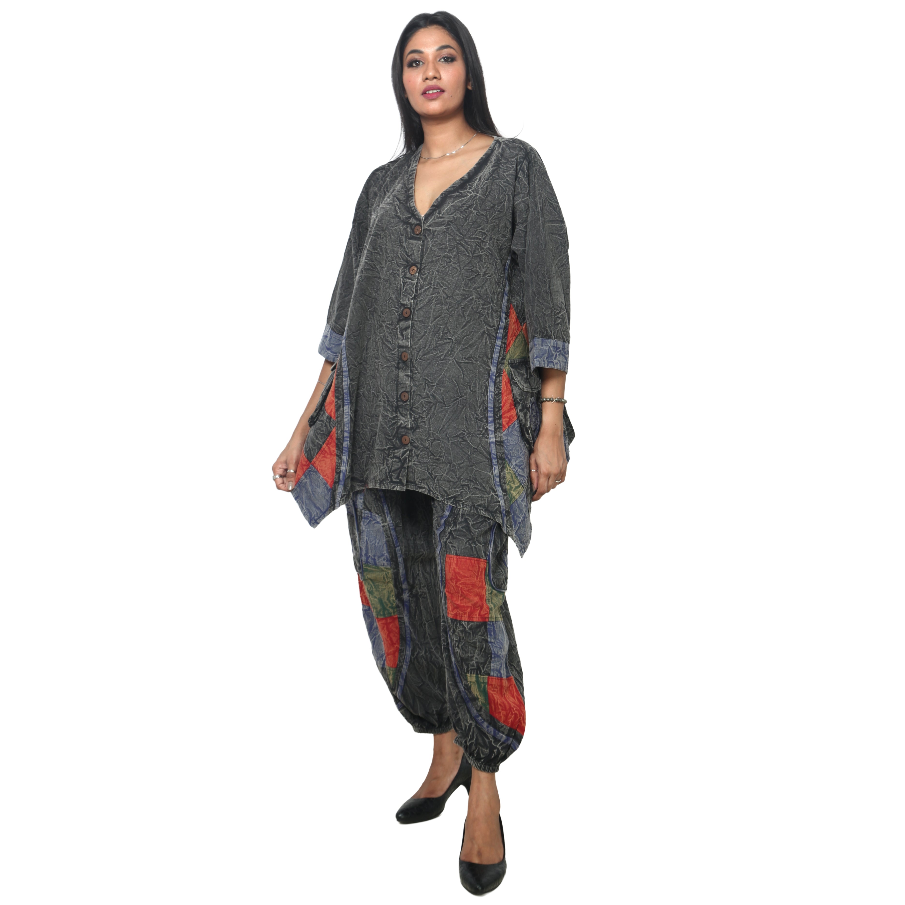 Women's Crack Acid Wash Tunic and Pant Set -- FI-8001