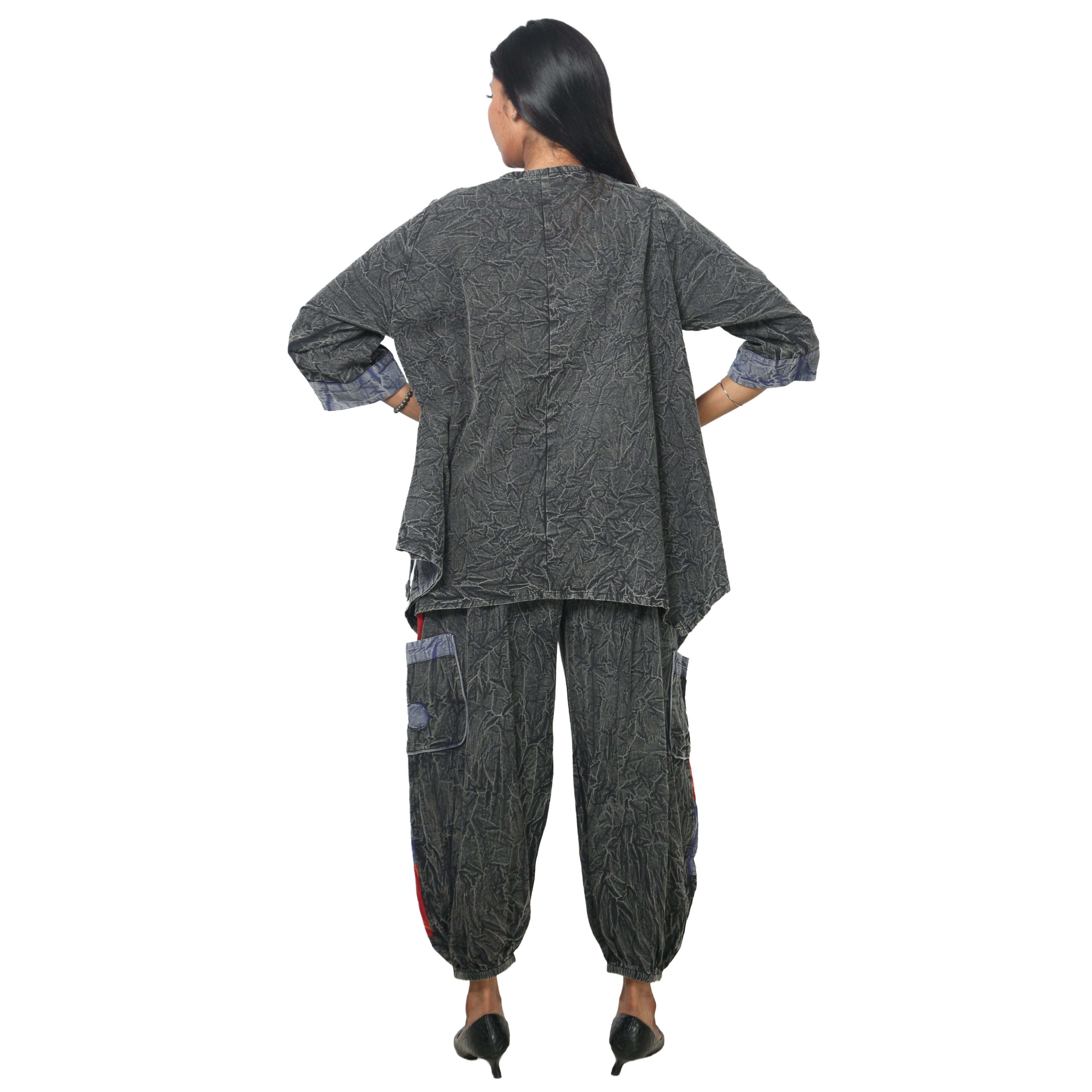 Women's Crack Acid Wash Tunic and Pant Set -- FI-8001