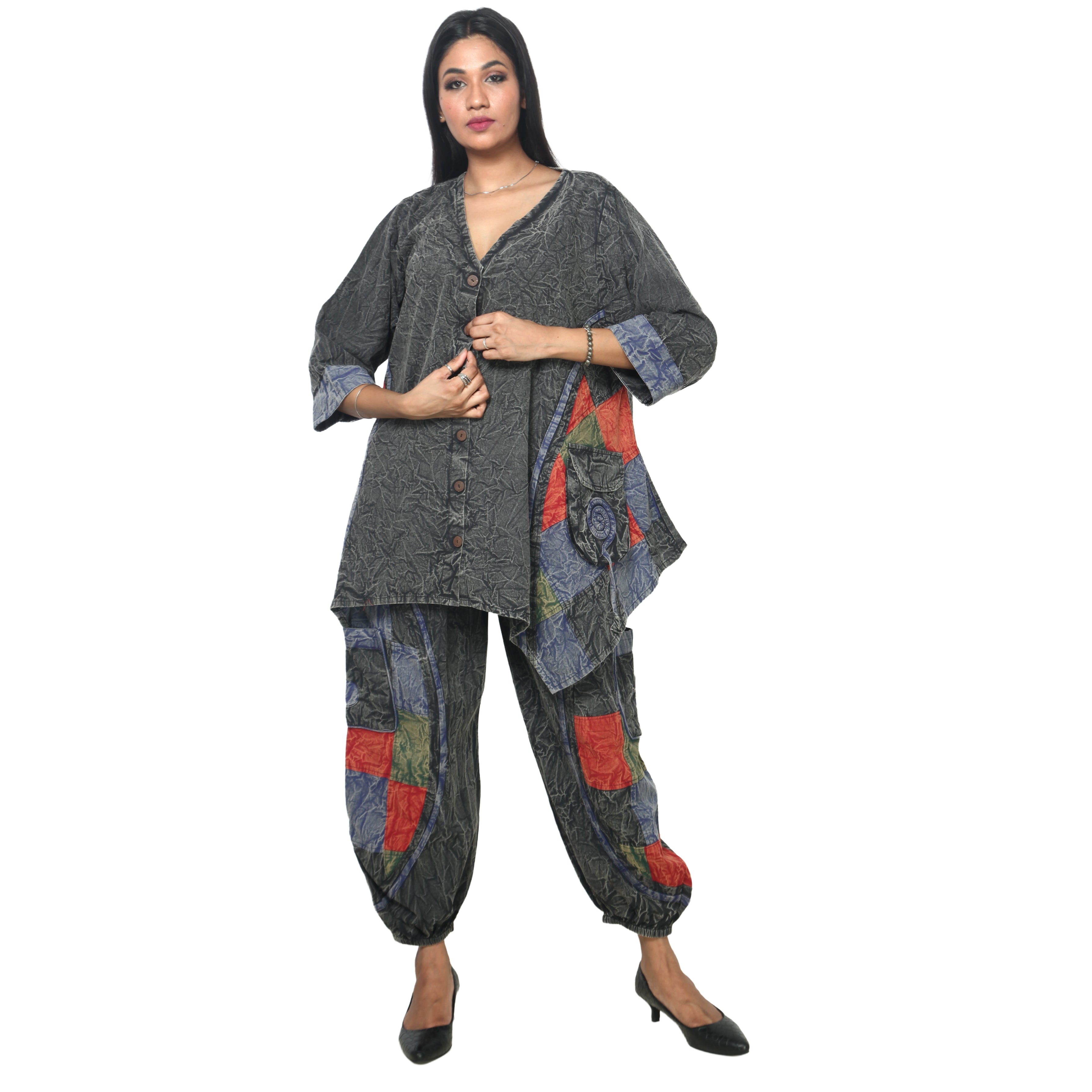 Women's Crack Acid Wash Tunic and Pant Set -- FI-8001