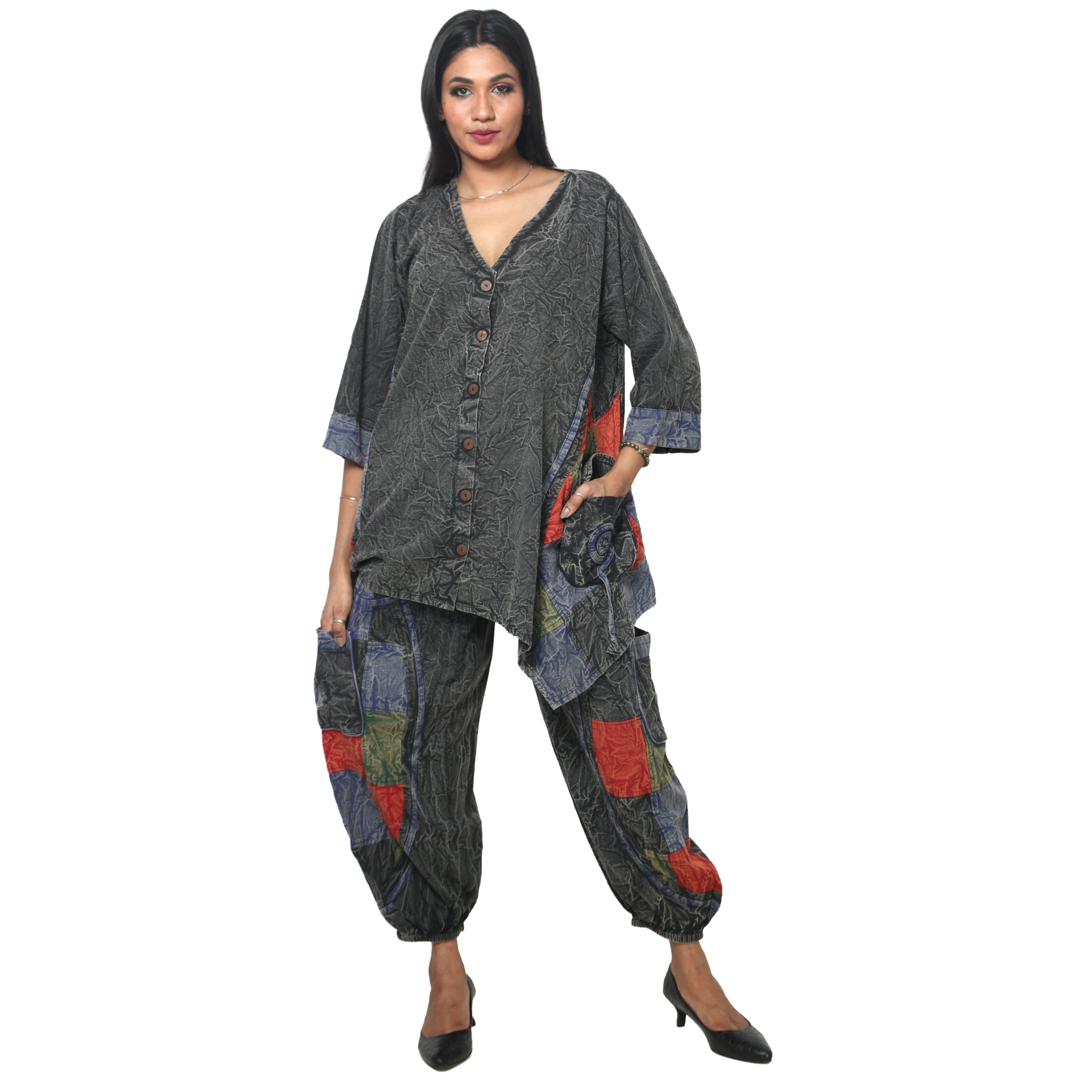 Women's Crack Acid Wash Tunic and Pant Set -- FI-8001