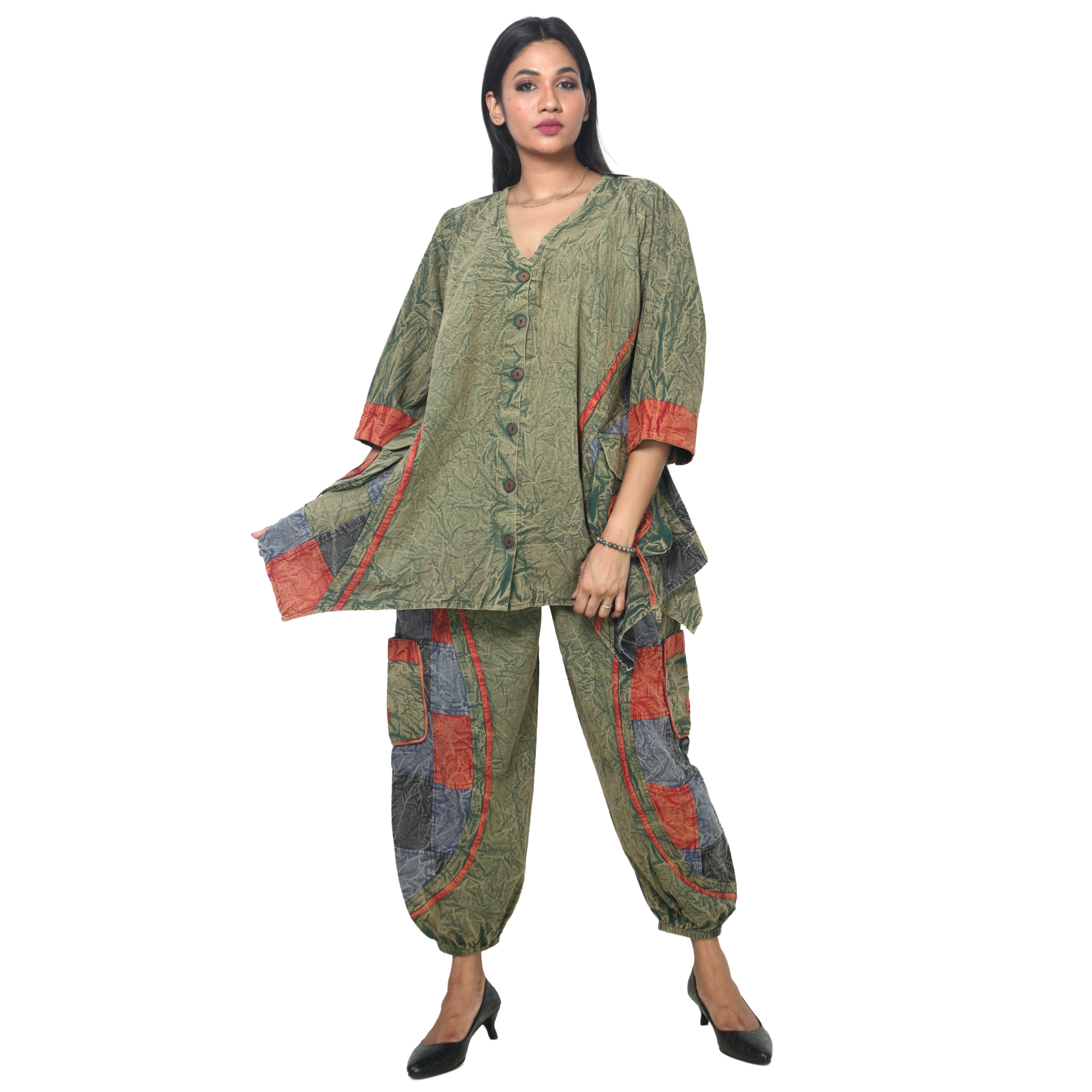 Women's Crack Acid Wash Tunic and Pant Set -- FI-8001