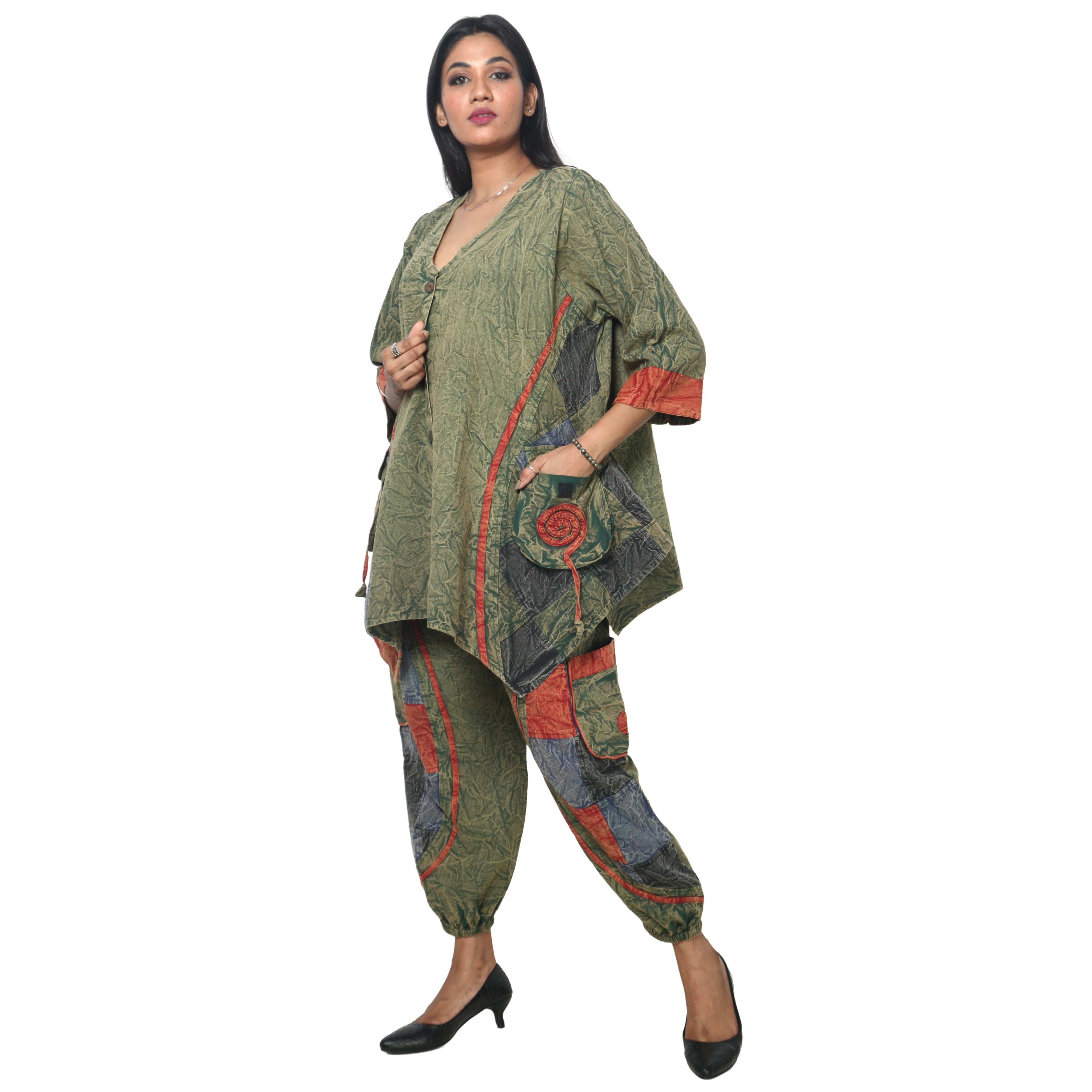 Women's Crack Acid Wash Tunic and Pant Set -- FI-8001