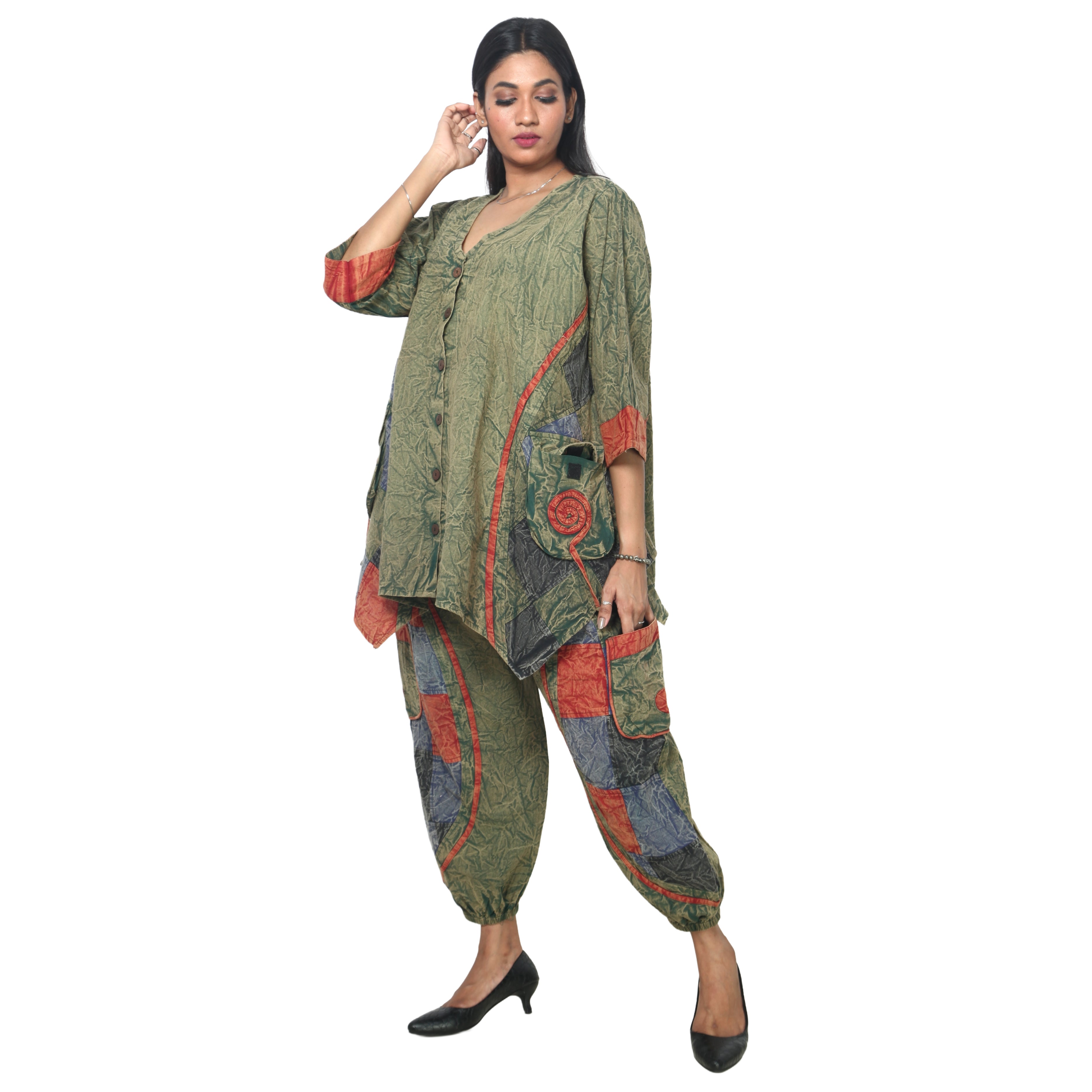Women's Crack Acid Wash Tunic and Pant Set -- FI-8001