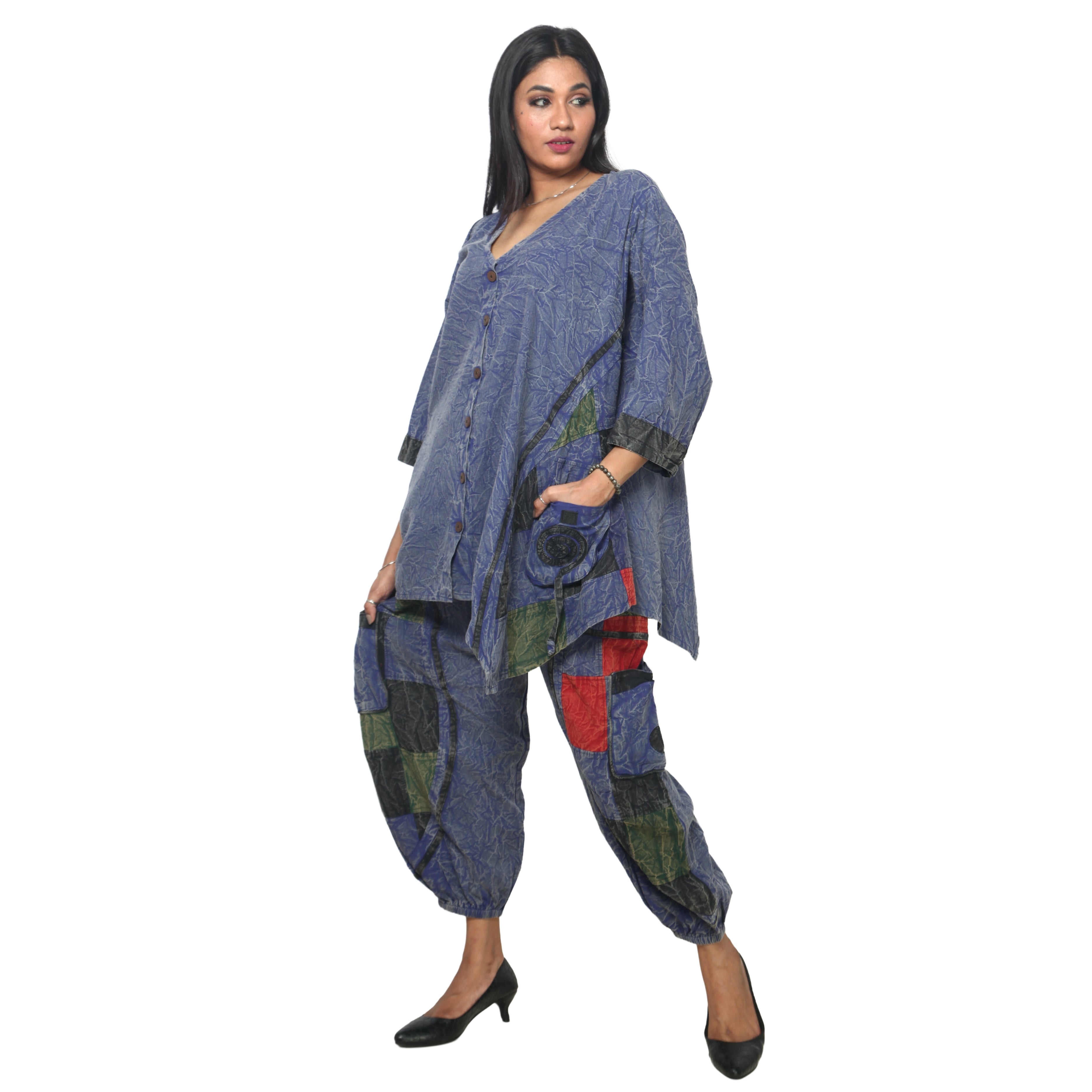 Women's Crack Acid Wash Tunic and Pant Set -- FI-8001