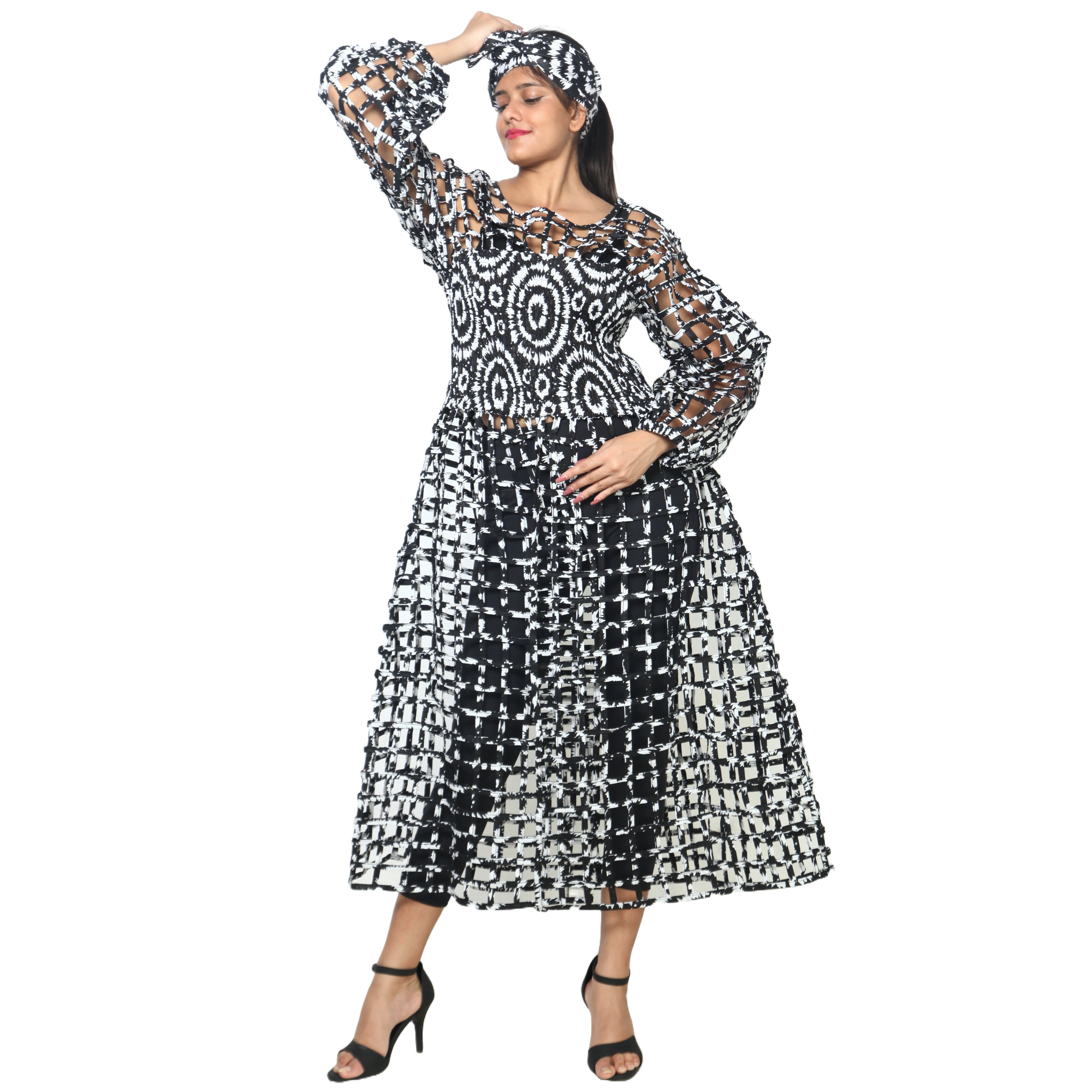 Women's Long Sleeve Smocked Bodice Cage Dress -- FI-ST122