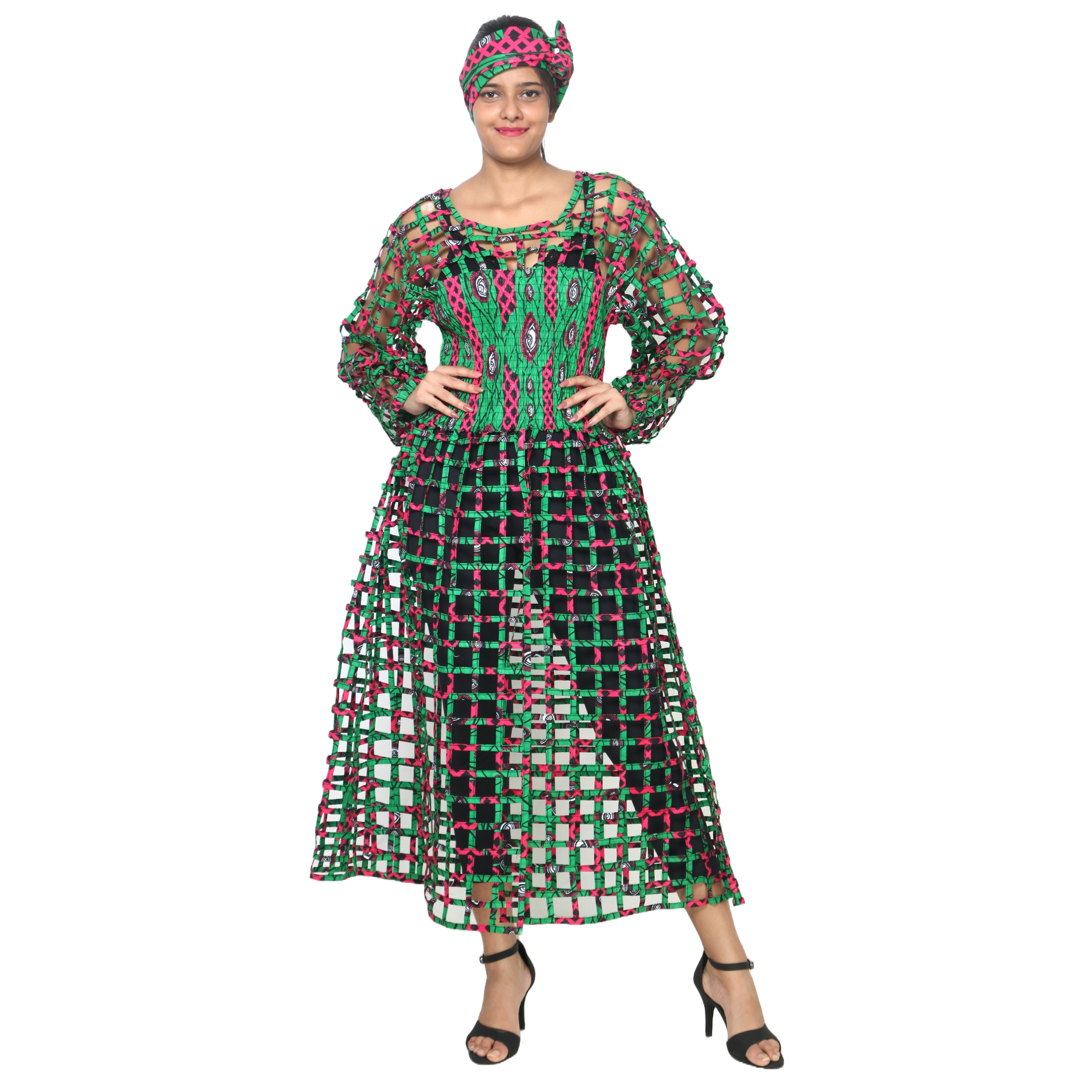 Women's Long Sleeve Smocked Bodice Cage Dress -- FI-ST122
