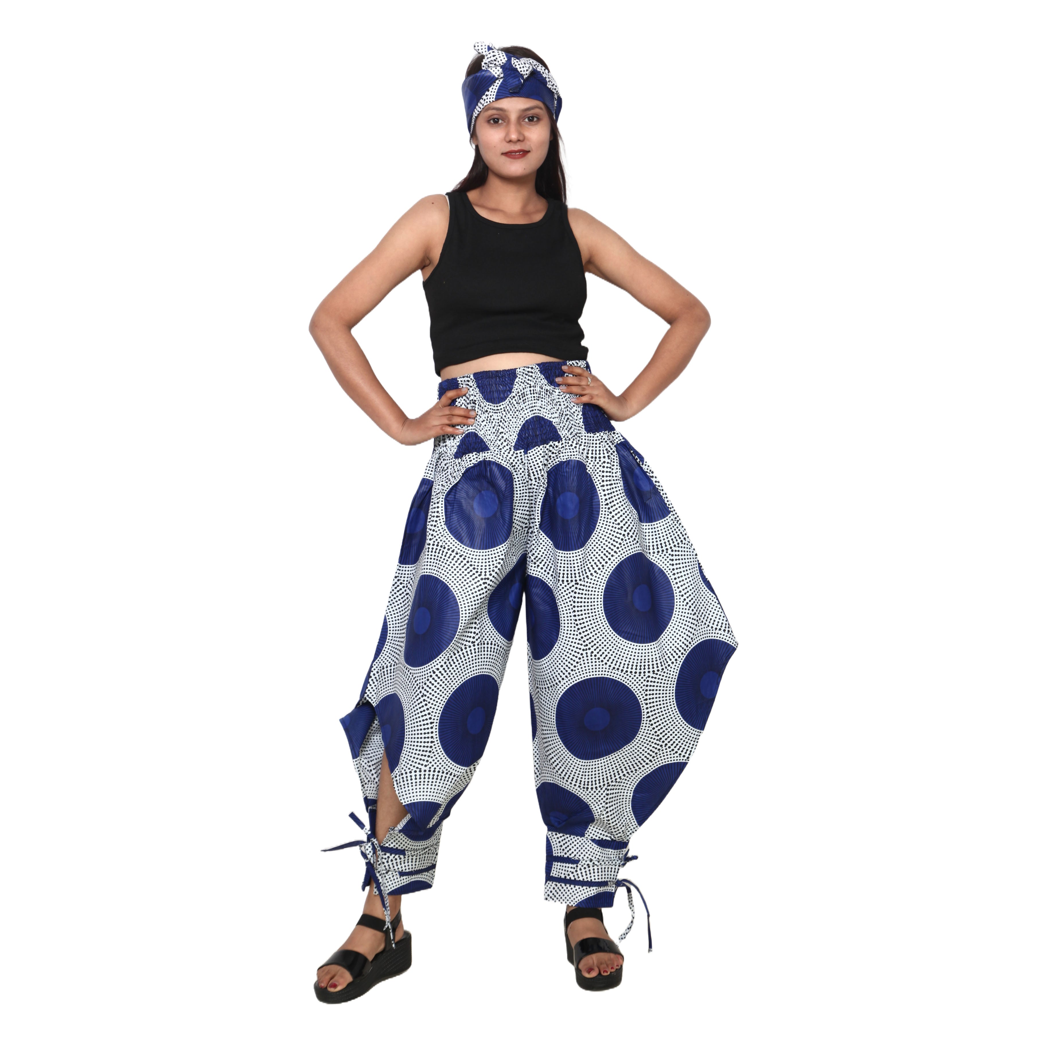 Women's High Waisted Printed Baggy Pants With Tie - FI-140