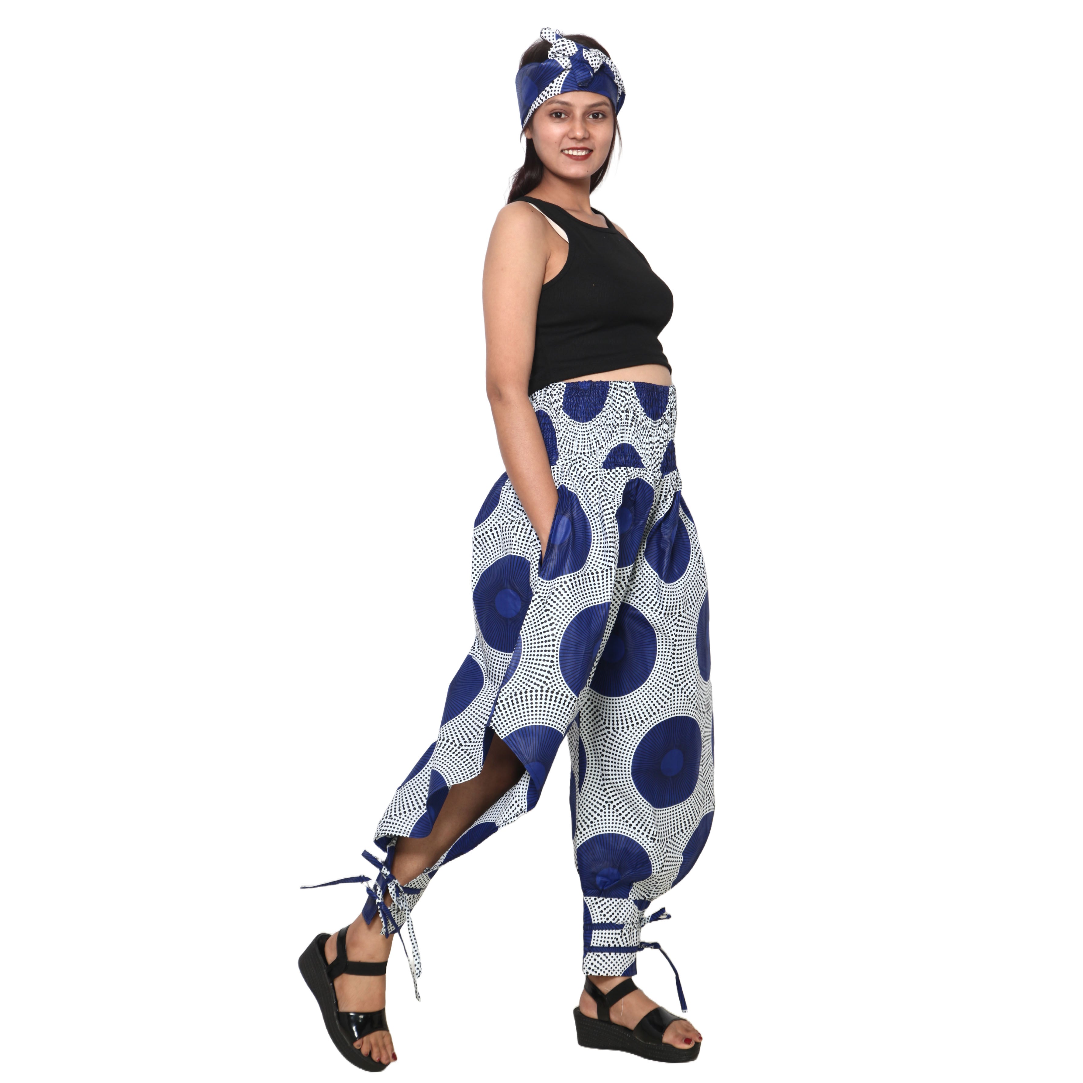 Women's High Waisted Printed Baggy Pants With Tie - FI-140