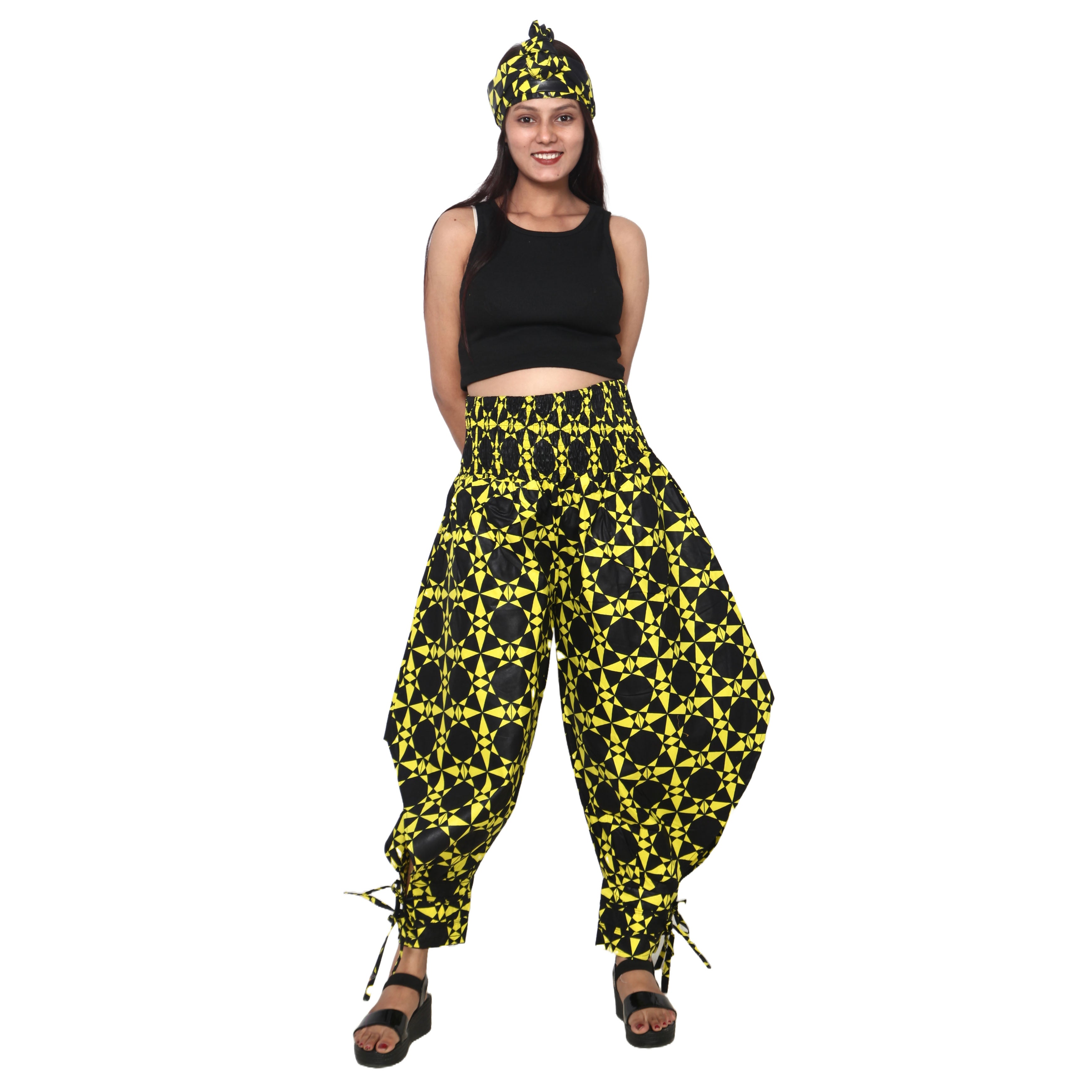 Women's High Waisted Printed Baggy Pants With Tie - FI-140